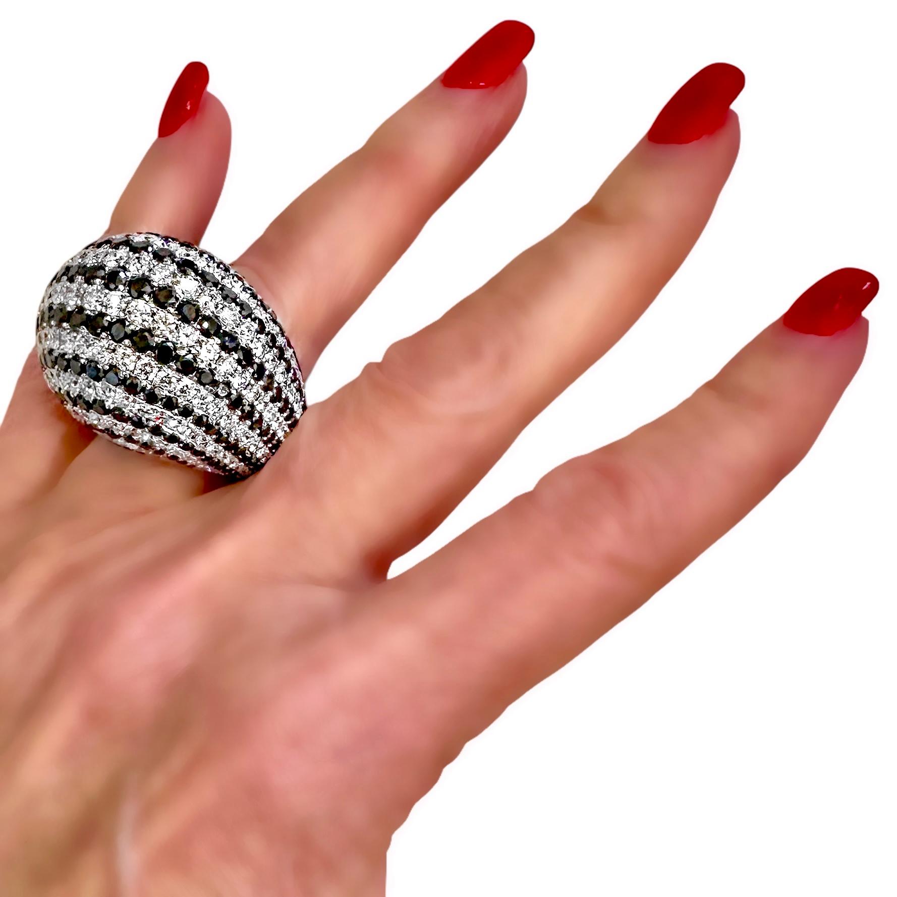 Huge 18K White Gold Dome Ring with apprx. 17cts of Black & White Diamond Stripes For Sale 9