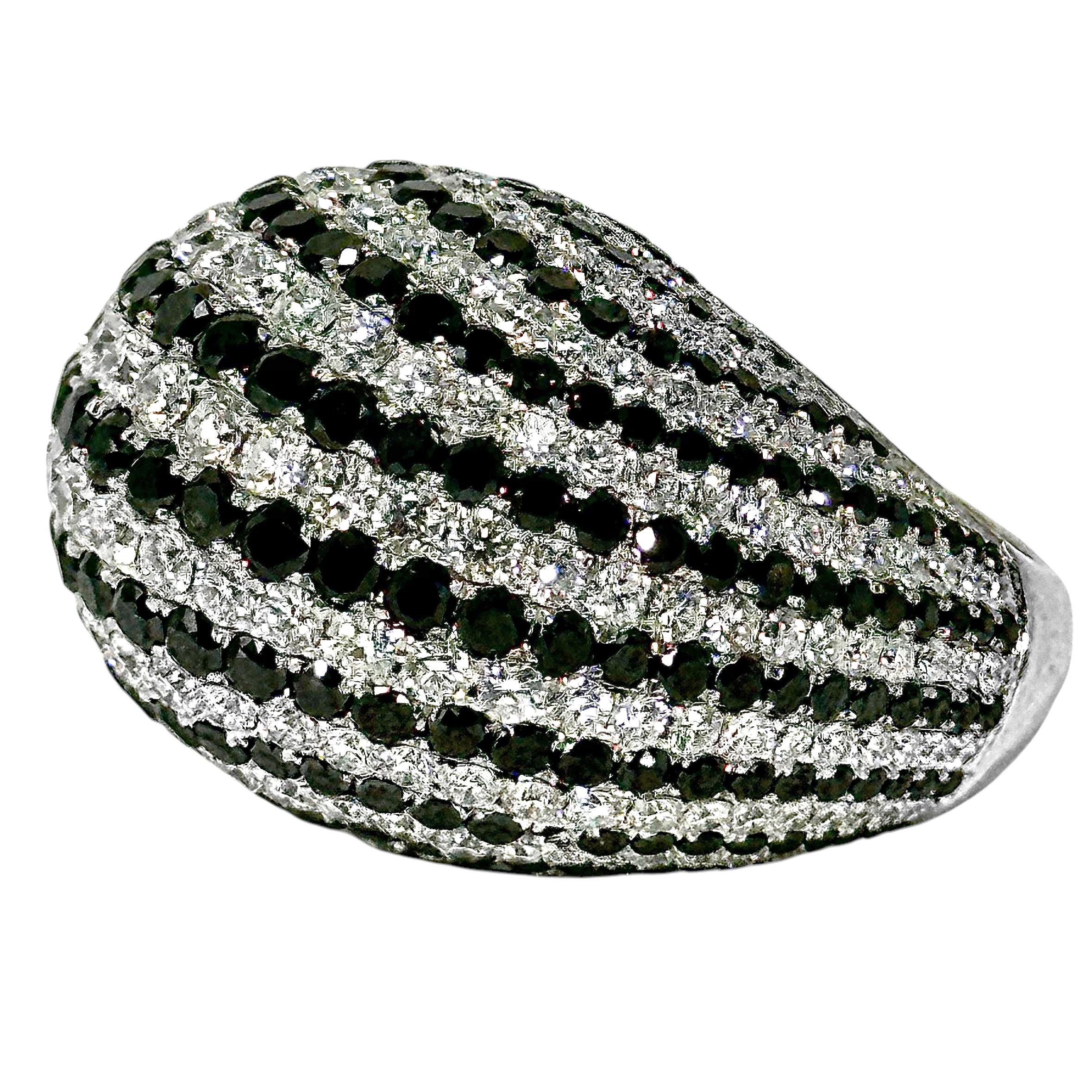 Modern Huge 18K White Gold Dome Ring with apprx. 17cts of Black & White Diamond Stripes For Sale