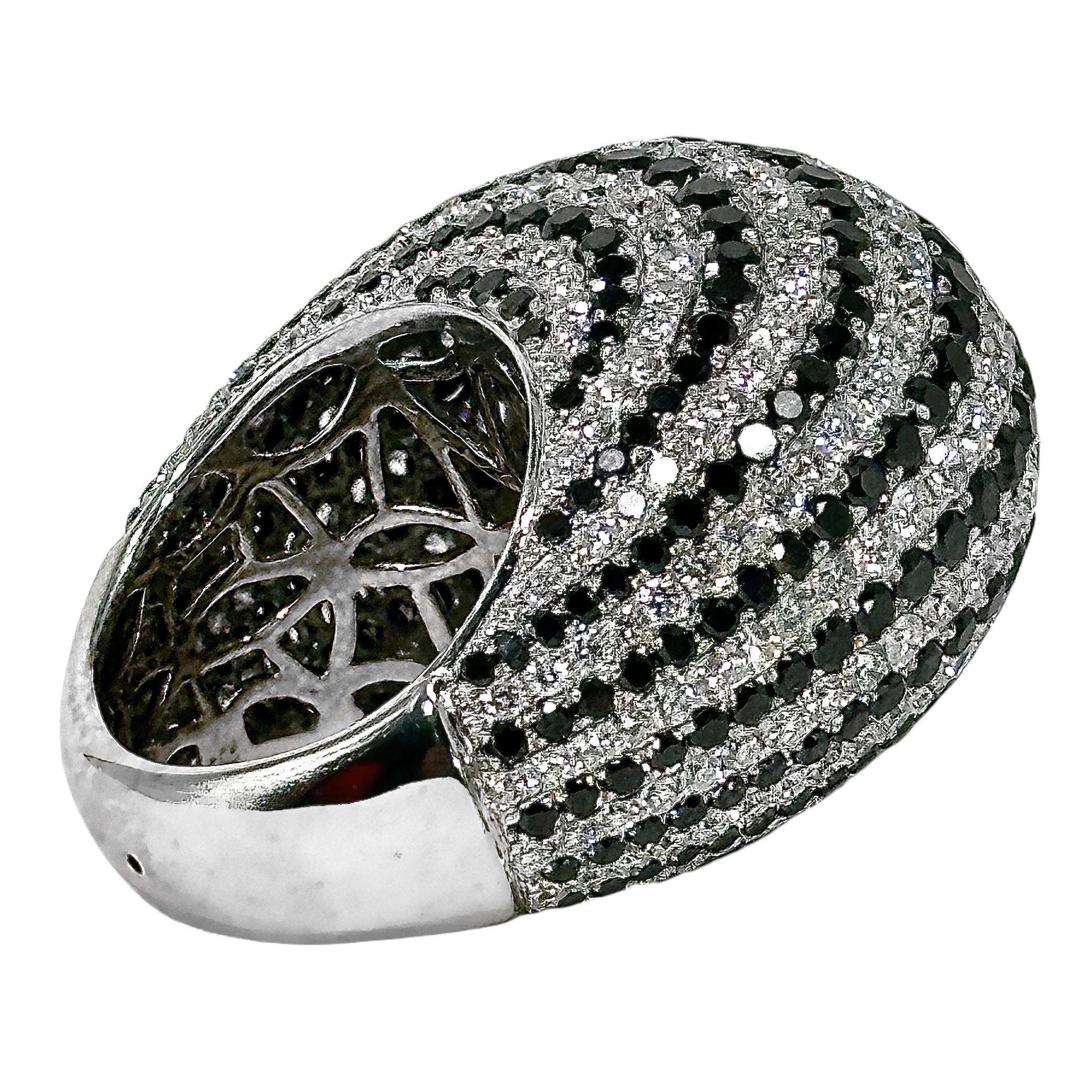 Huge 18K White Gold Dome Ring with apprx. 17cts of Black & White Diamond Stripes For Sale 1