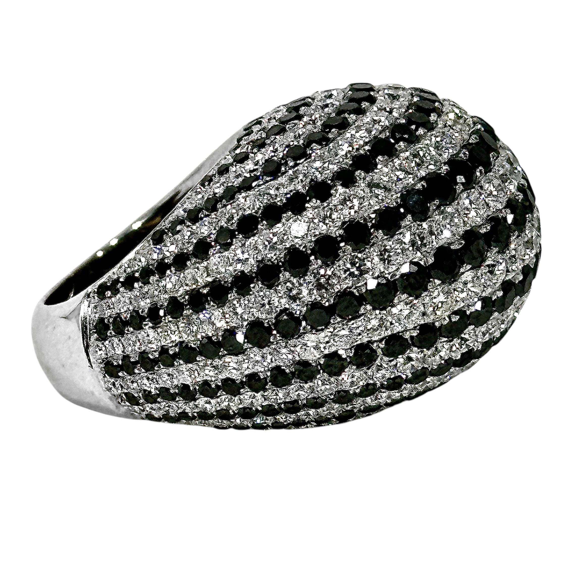 Huge 18K White Gold Dome Ring with apprx. 17cts of Black & White Diamond Stripes For Sale 2