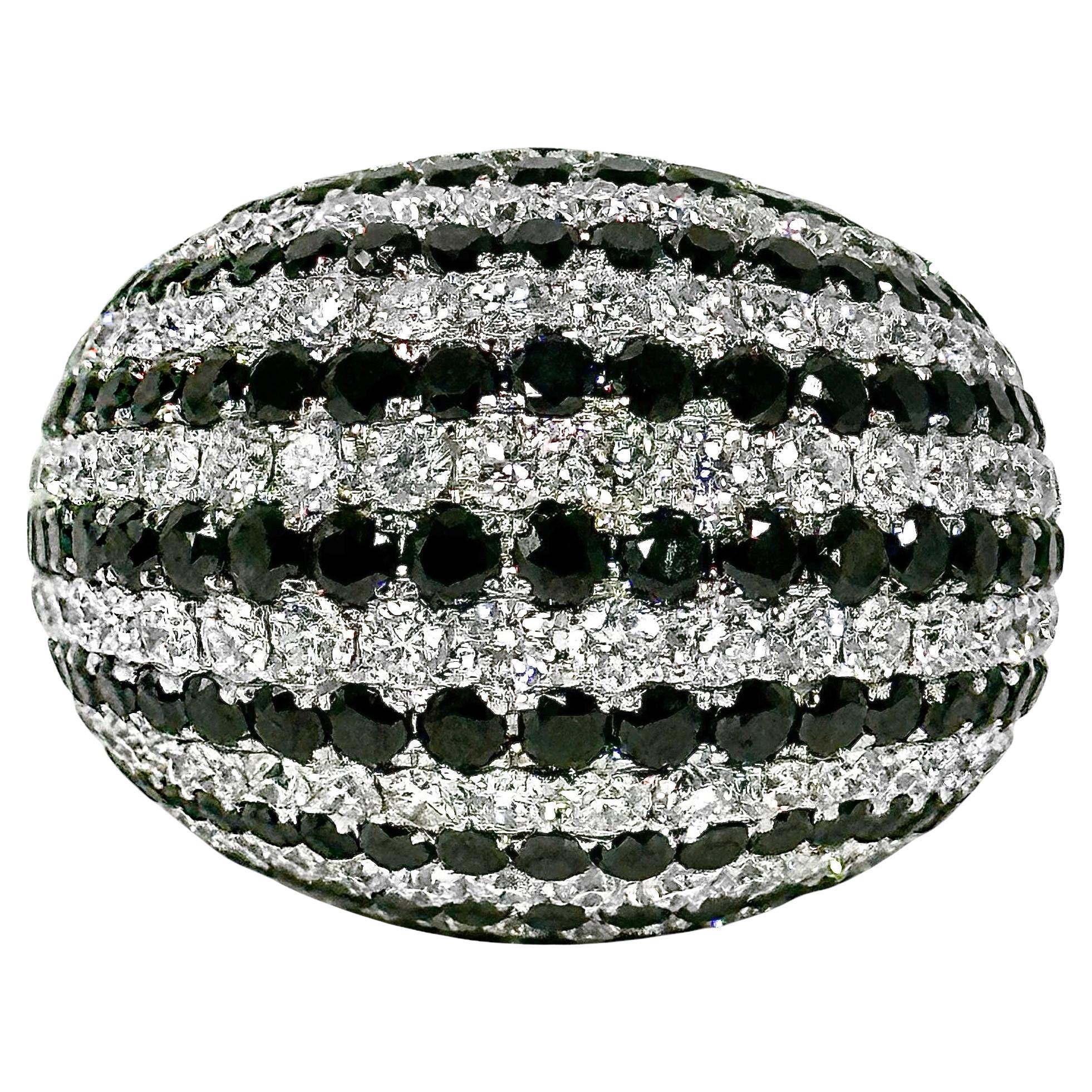 Huge 18K White Gold Dome Ring with apprx. 17cts of Black & White Diamond Stripes For Sale