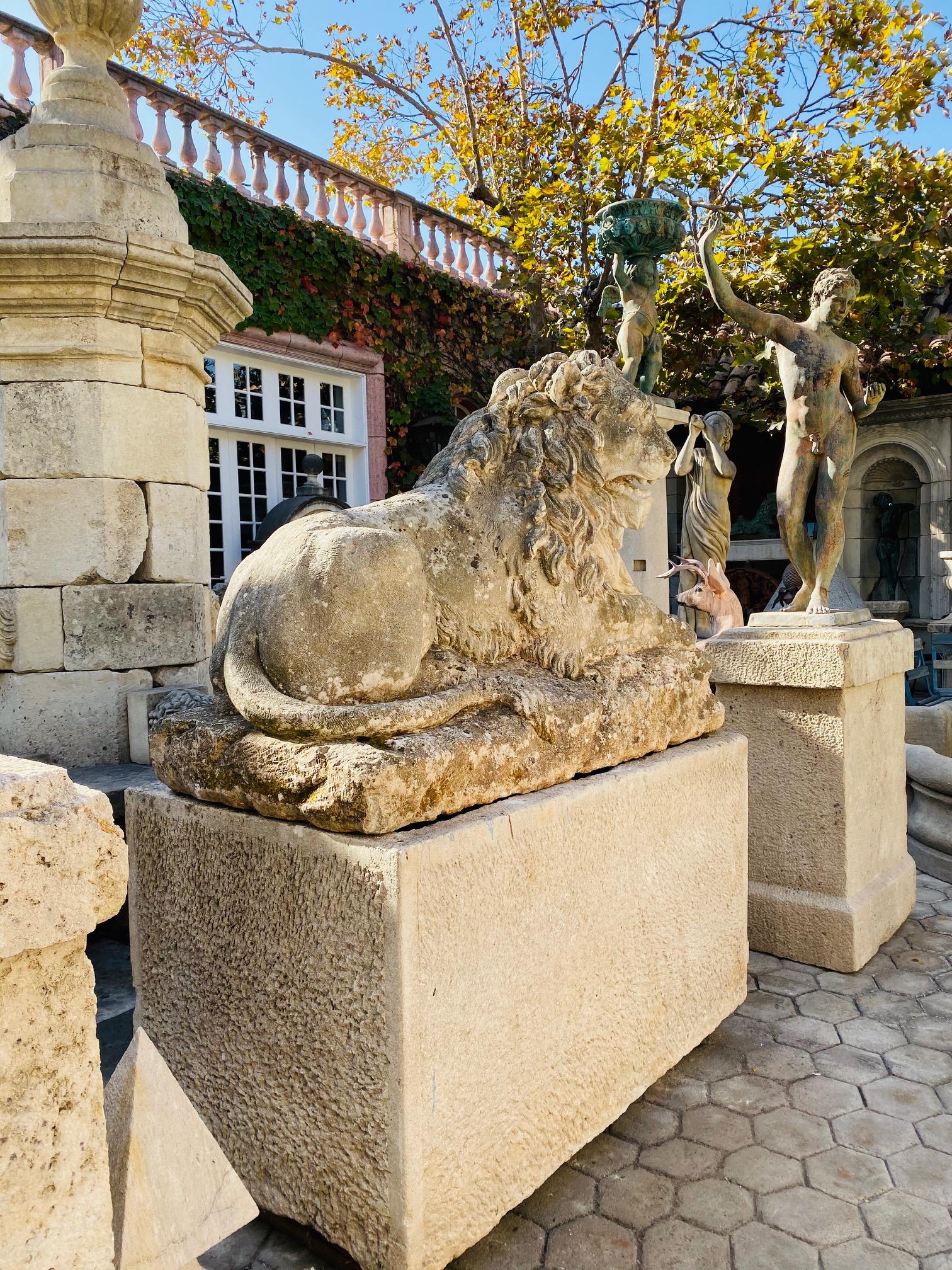 Exquisite monumental 18th century hand carved stone figure of a regal lion garden Statue sculpture, as a fountain center piece, or as freestanding art piece. Almost 5 Feet Long
Fine, impressive hand-sculpted garden statues animalier exhibit