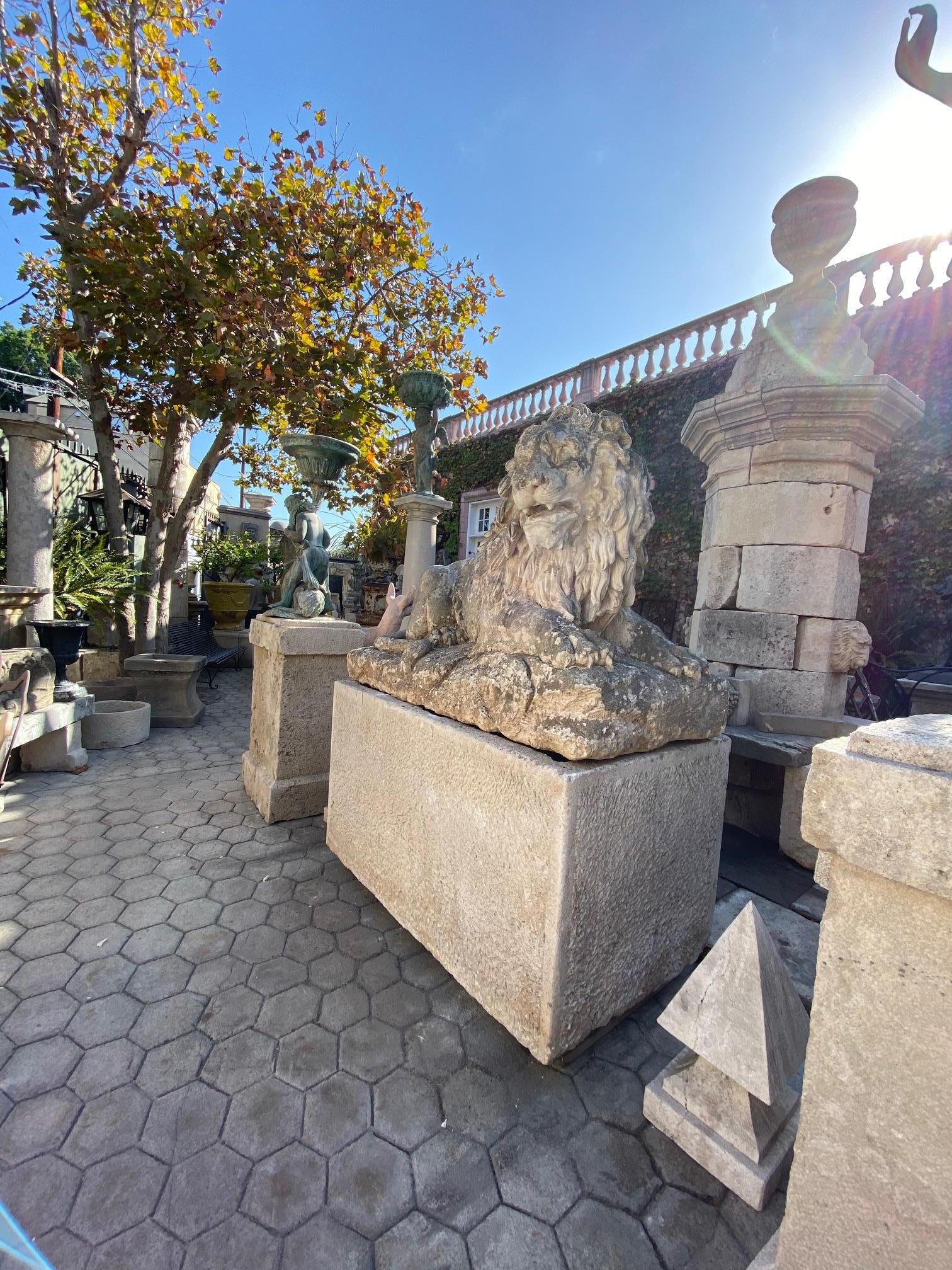 European 18th C Huge Hand Carved Stone Lion Sculpture Garden Center Piece Statue Antique 