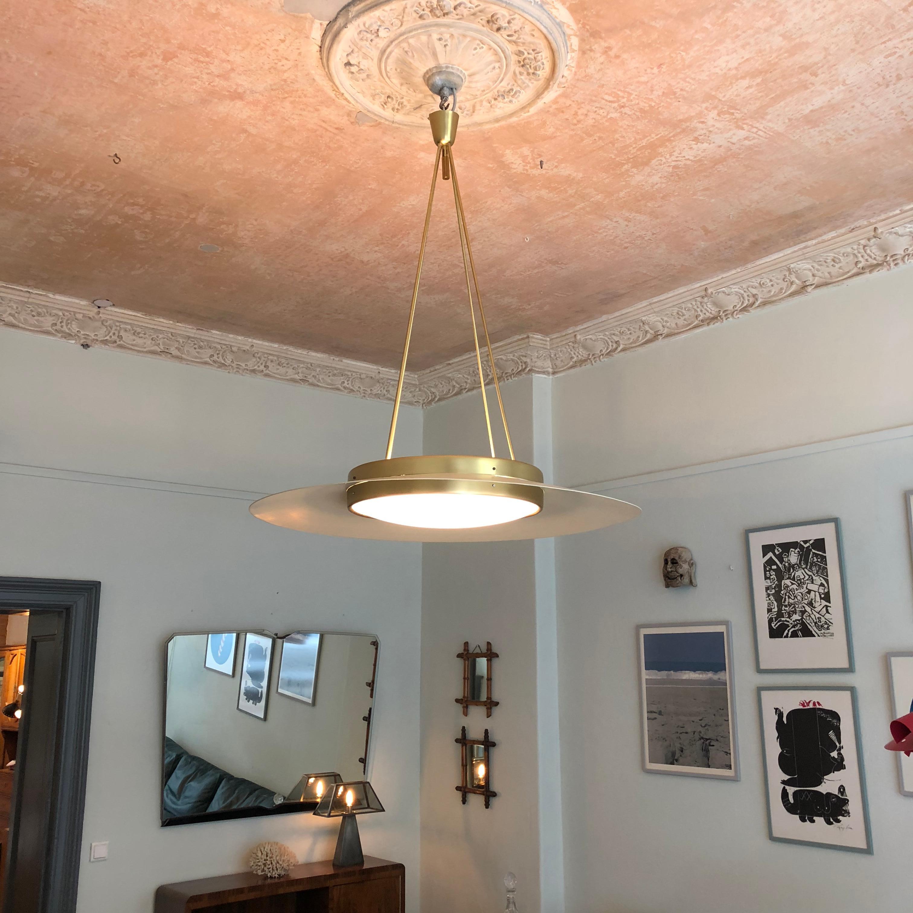 Huge 1950s Italian Mid Century Ceiling Light in Rosa Lacquered Metal and Brass 3