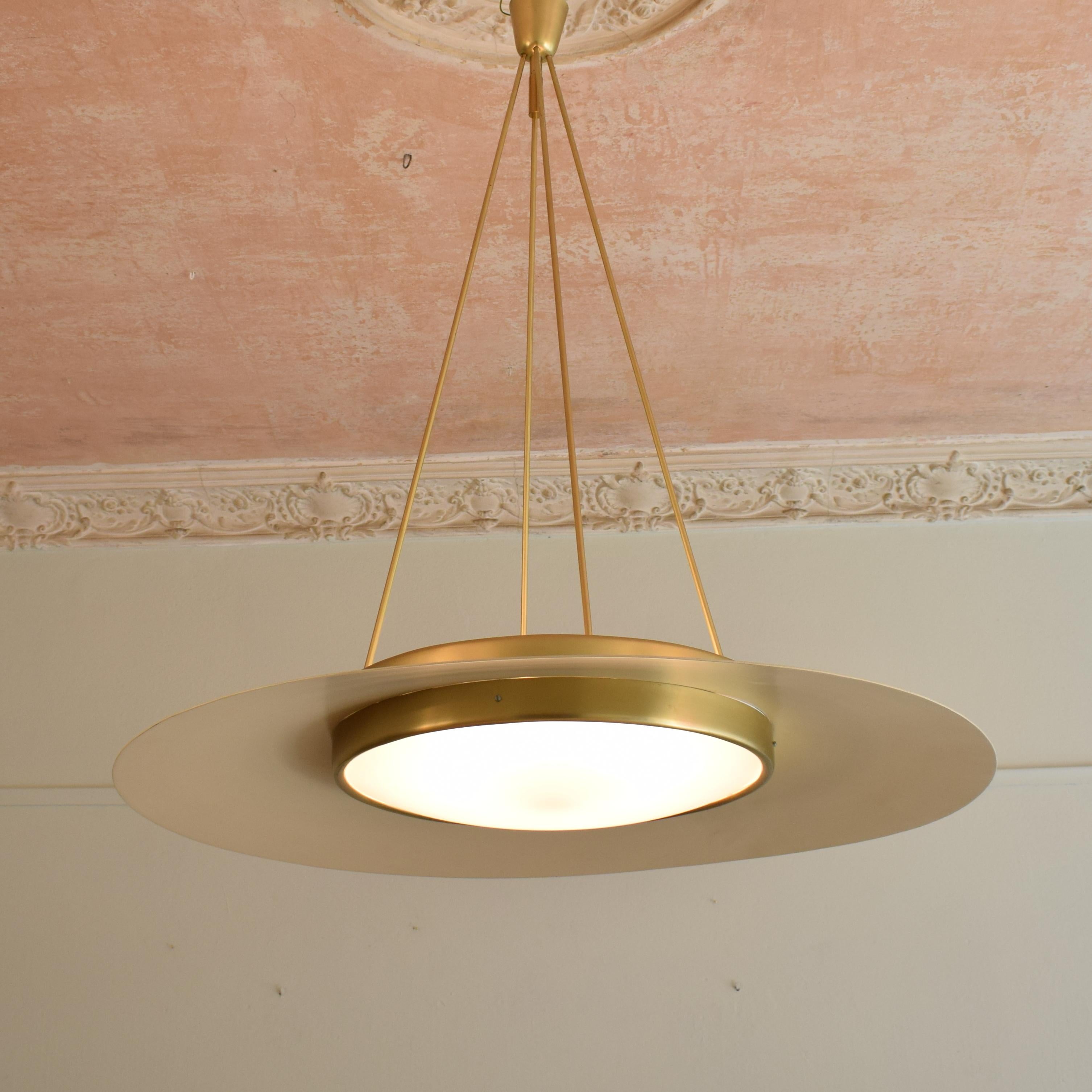 Mid-Century Modern Huge 1950s Italian Mid Century Ceiling Light in Rosa Lacquered Metal and Brass
