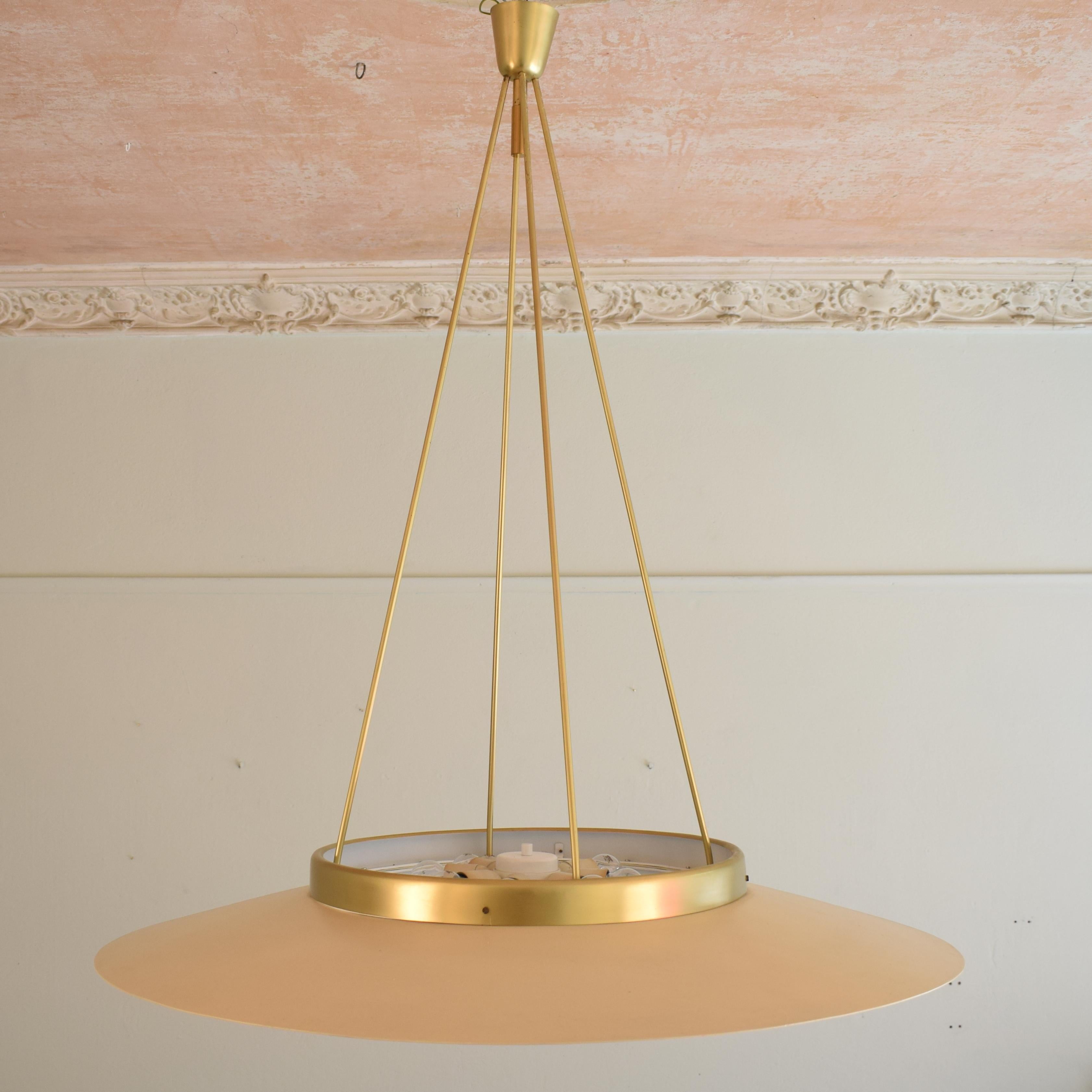 Huge 1950s Italian Mid Century Ceiling Light in Rosa Lacquered Metal and Brass 1