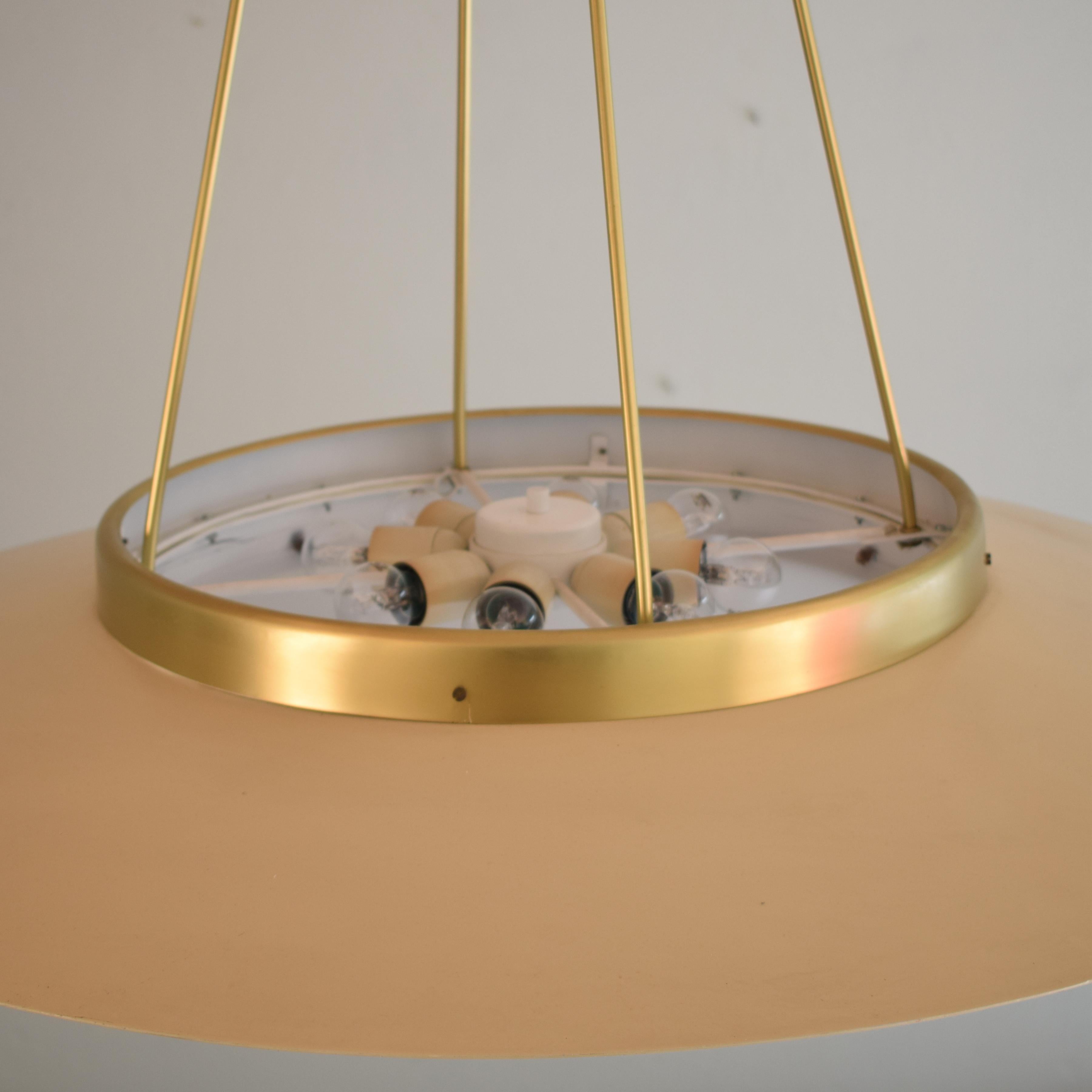Huge 1950s Italian Mid Century Ceiling Light in Rosa Lacquered Metal and Brass 2