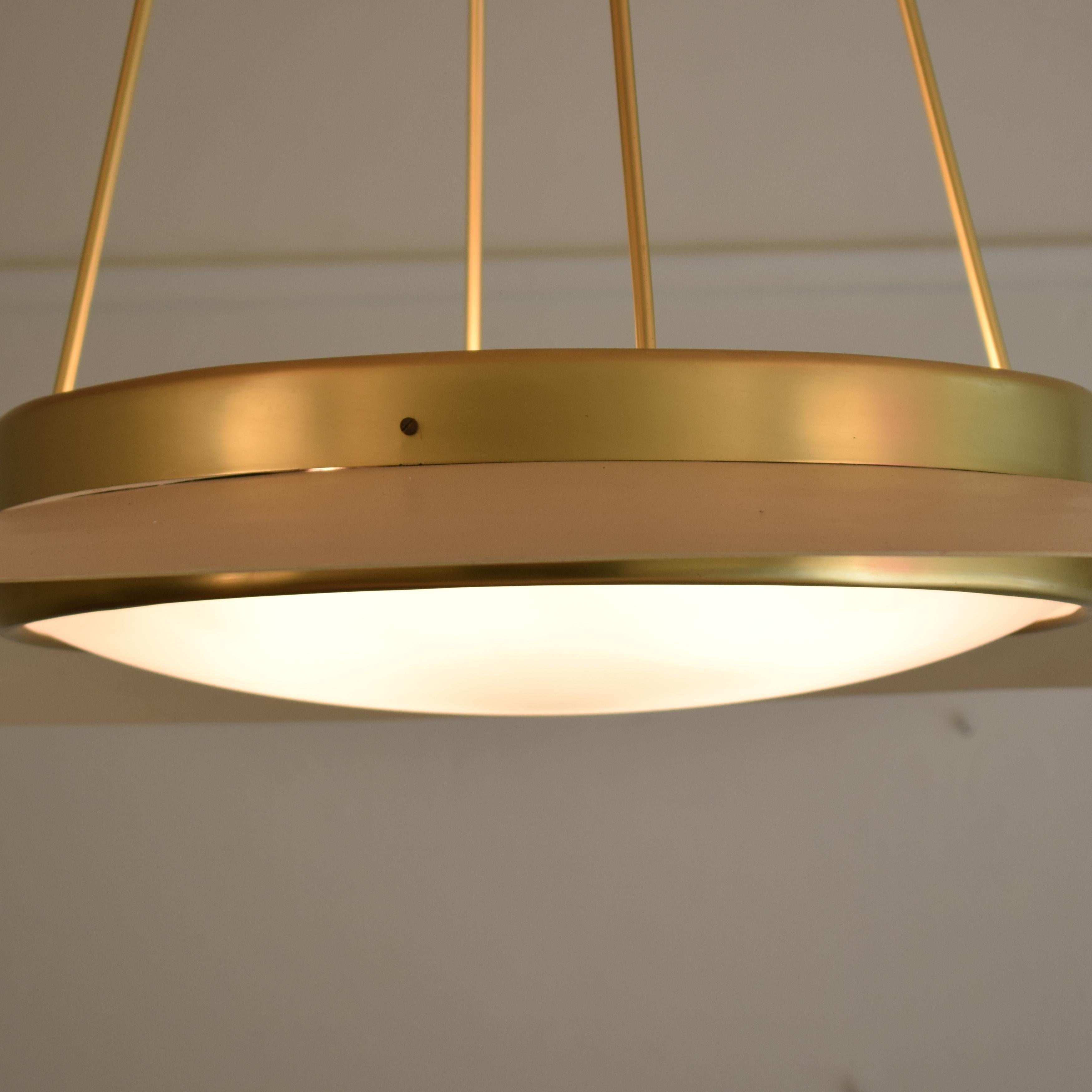 Huge 1950s Italian Mid Century Ceiling Light in Rosa Lacquered Metal and Brass 5