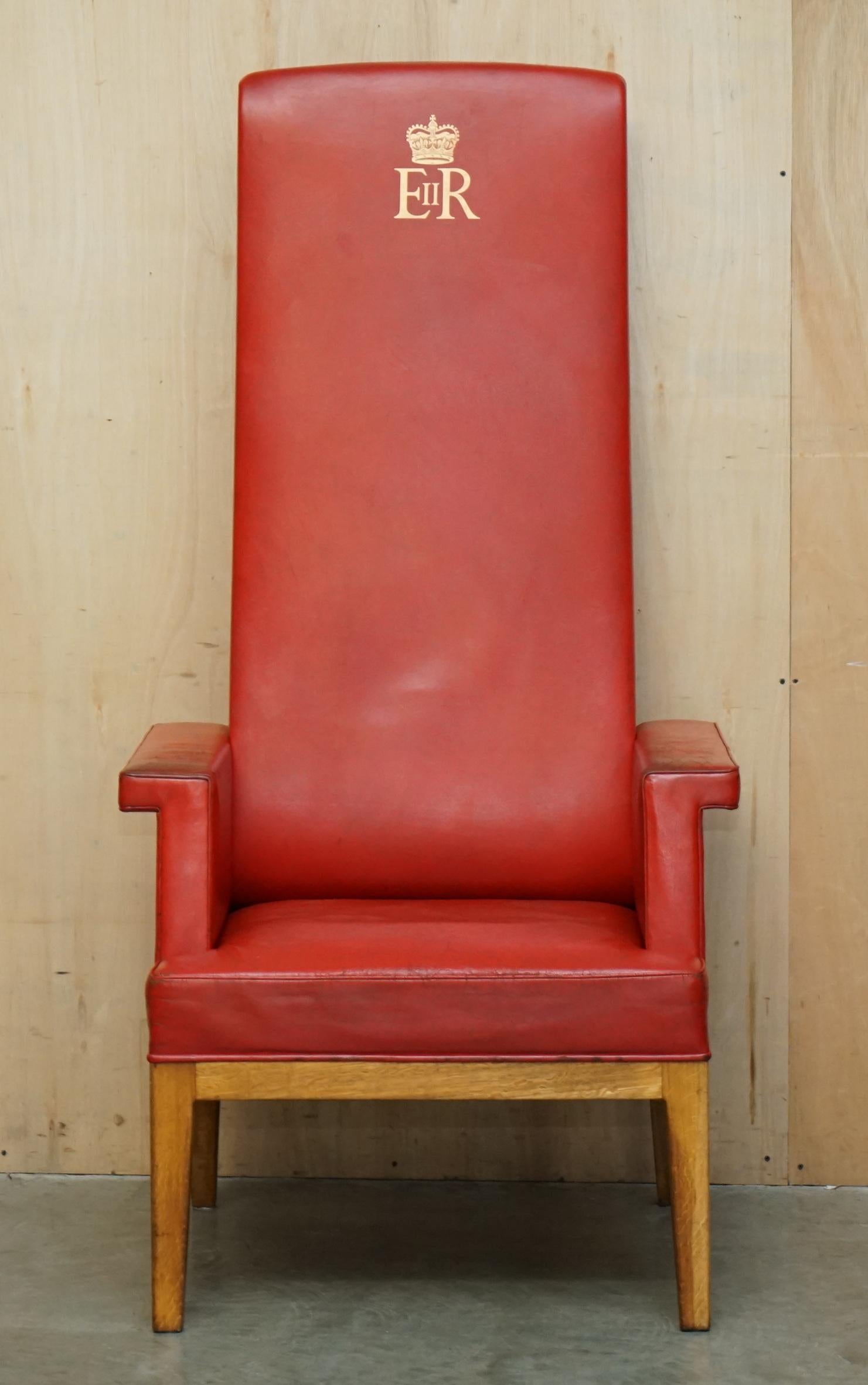 Royal House Antiques

Royal House Antiques is delighted to offer for sale this stunning super rare and highly collectable original 1968 Queen Elizabeth II high back Sessions House Judges red leather armchair 

Please note the delivery fee listed is