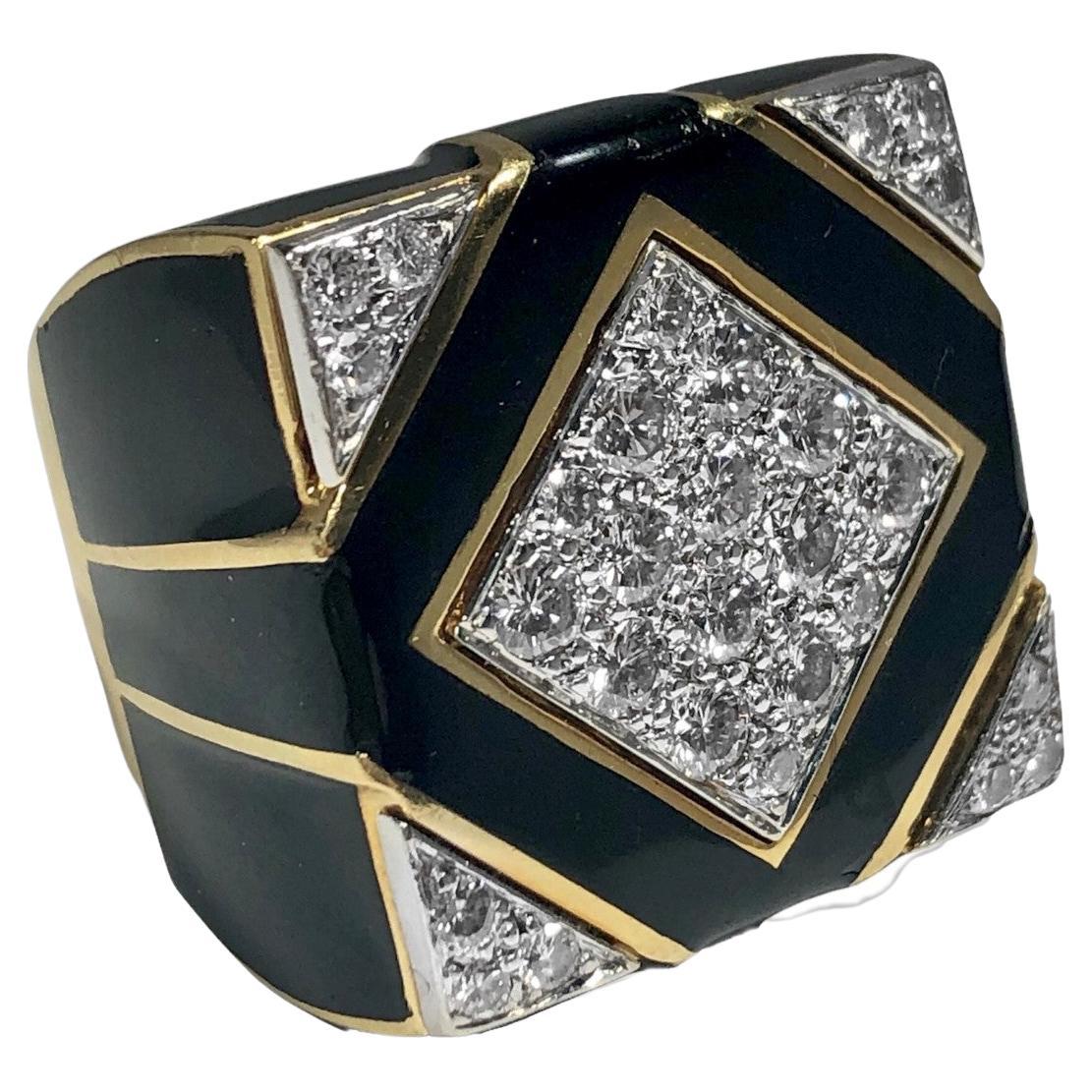 Crystal & Black Enamel 18k Gold Queen Ring main image 1