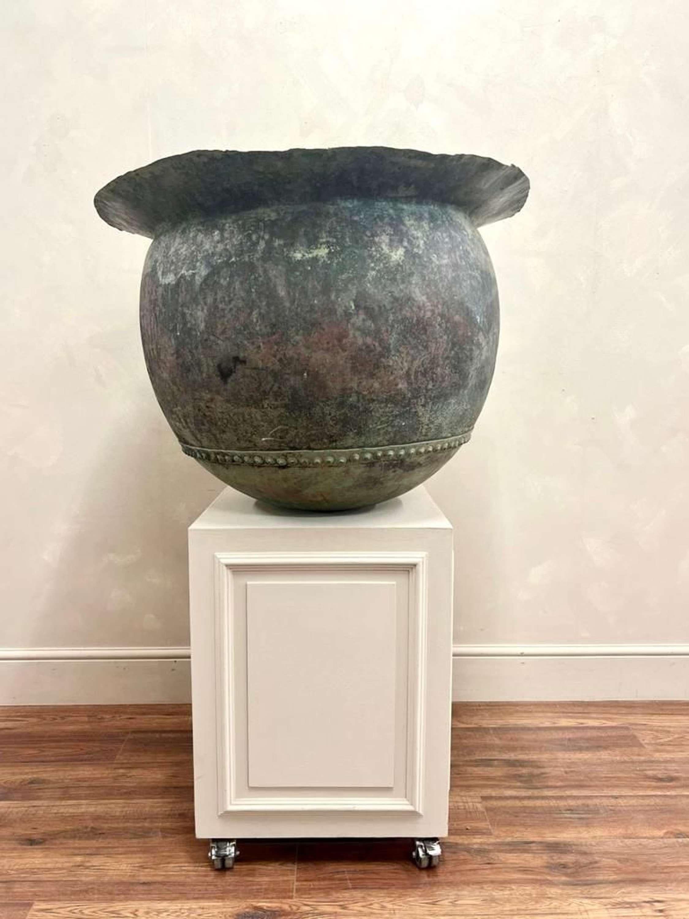 Stunning, huge 19th C Belgian Copper Vat. 
Stamped, dated 1866.
Wonderful natural verdigris and later riveted strap repairs - make do and mend at its finest !!!
Diameter - 86 cm
Height - 63 cm

Bottle shown in images for scale.
Would make an