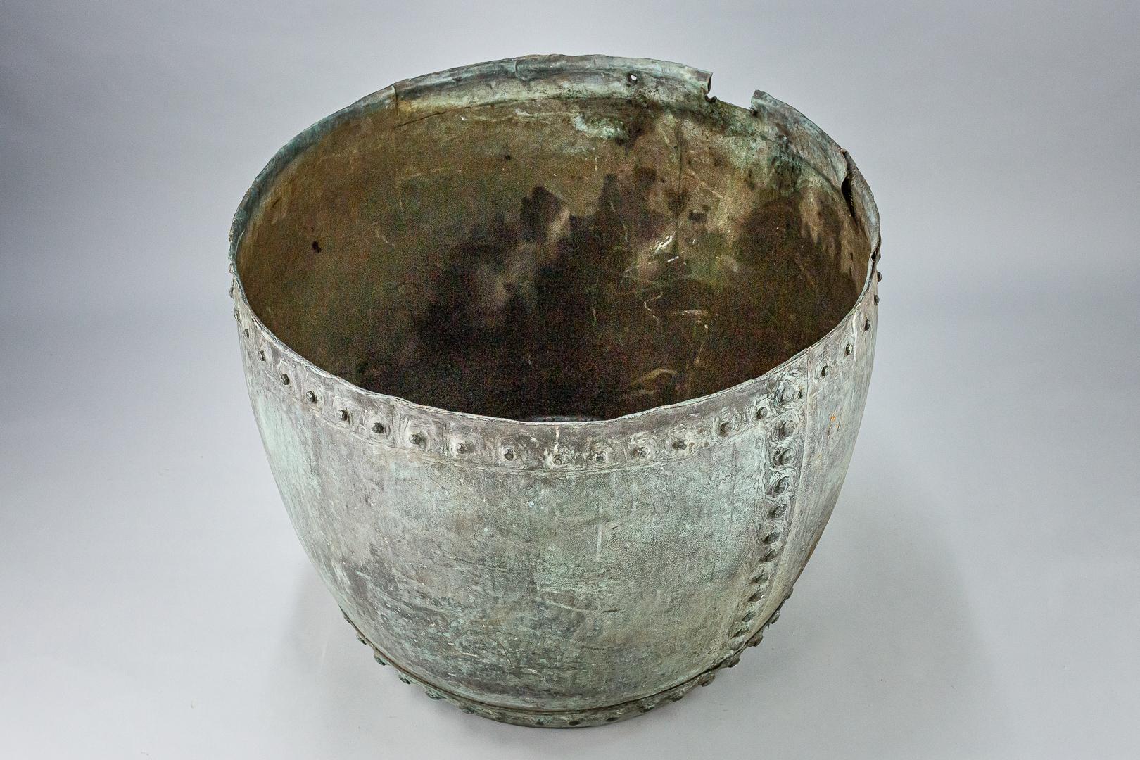 Simply huge scale English copper, rivetted construction with wonderful natural verdigris patination. Drainage hole to bottom side wall and small notch from top rim. Extraordinary Size, very heavy gauge, two person lift. England circa 1880. Ideal