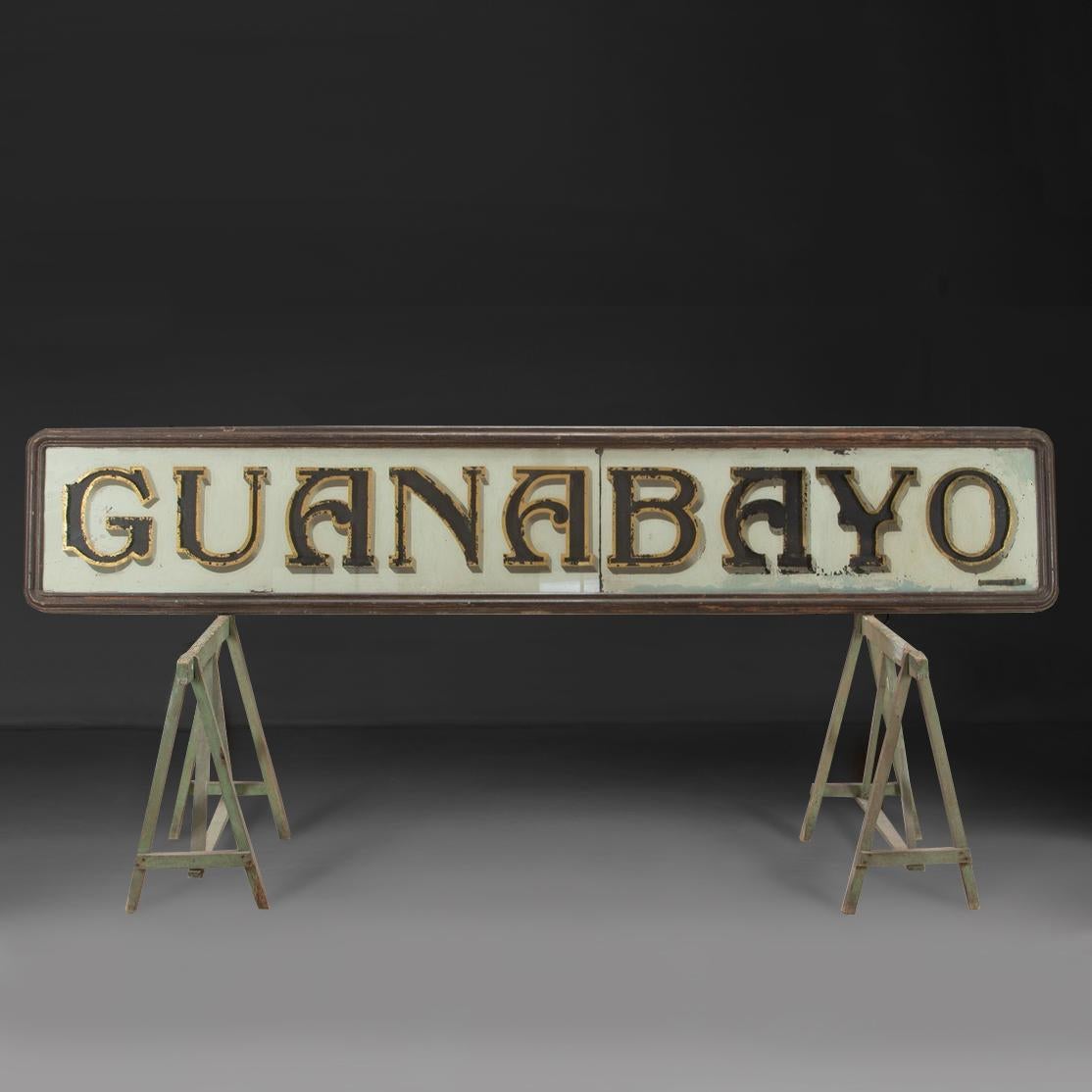 A fabulous huge late 19th Century Spanish gilded and painted glass sign from a bar in Barcelona. 
A rare survivor still in its original wooden frame with multiple layers of paint. The reverse glass gilded letters now protected with a new wooden
