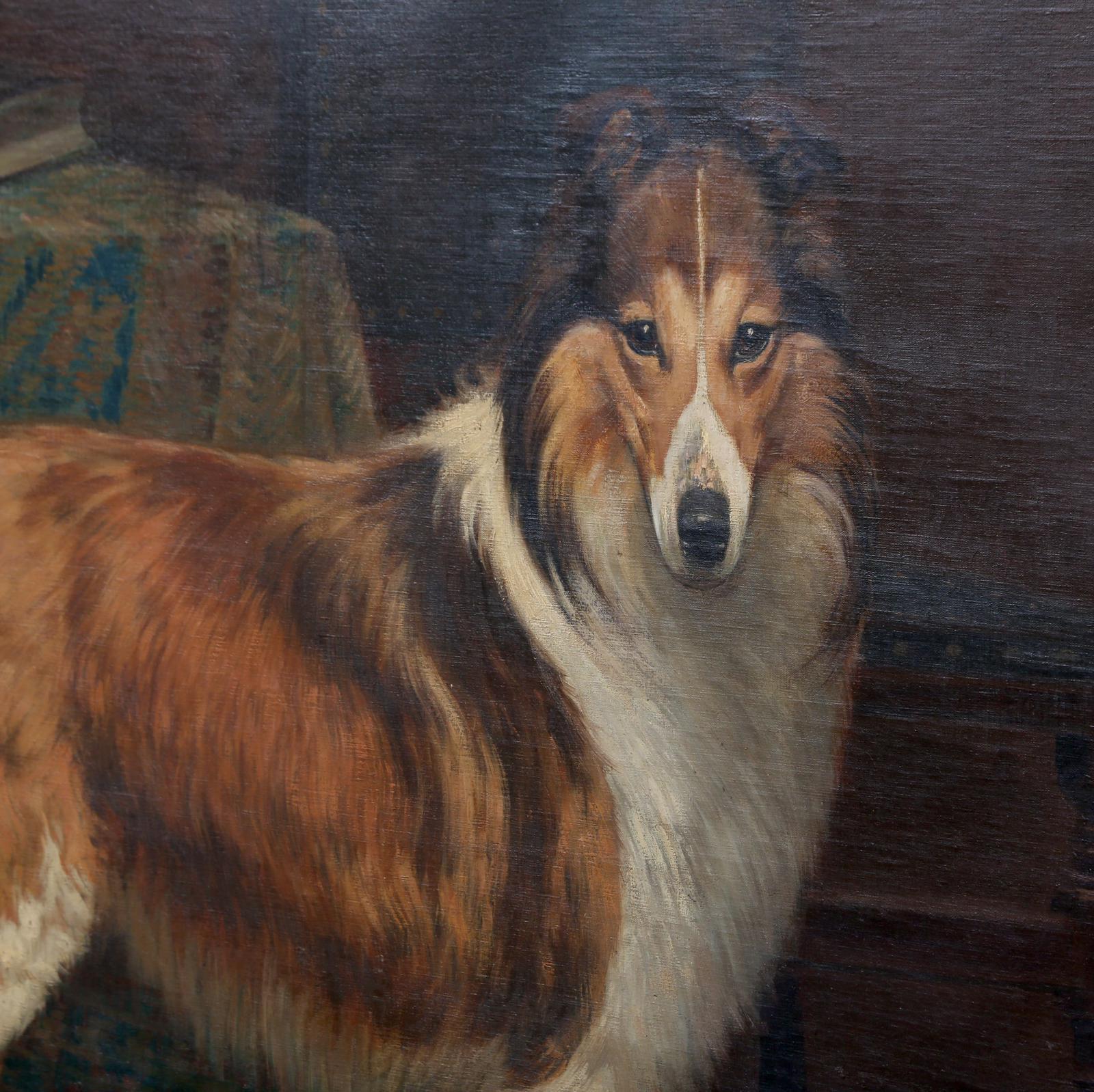 Wonderful full scale 19th century oil on canvas painting, portrait of a rough collie in an interior setting by Belgian Artist Alexandre Clarys (1857-1920). Remarkable untouched country house condition. Impressive country house scale. Bold and