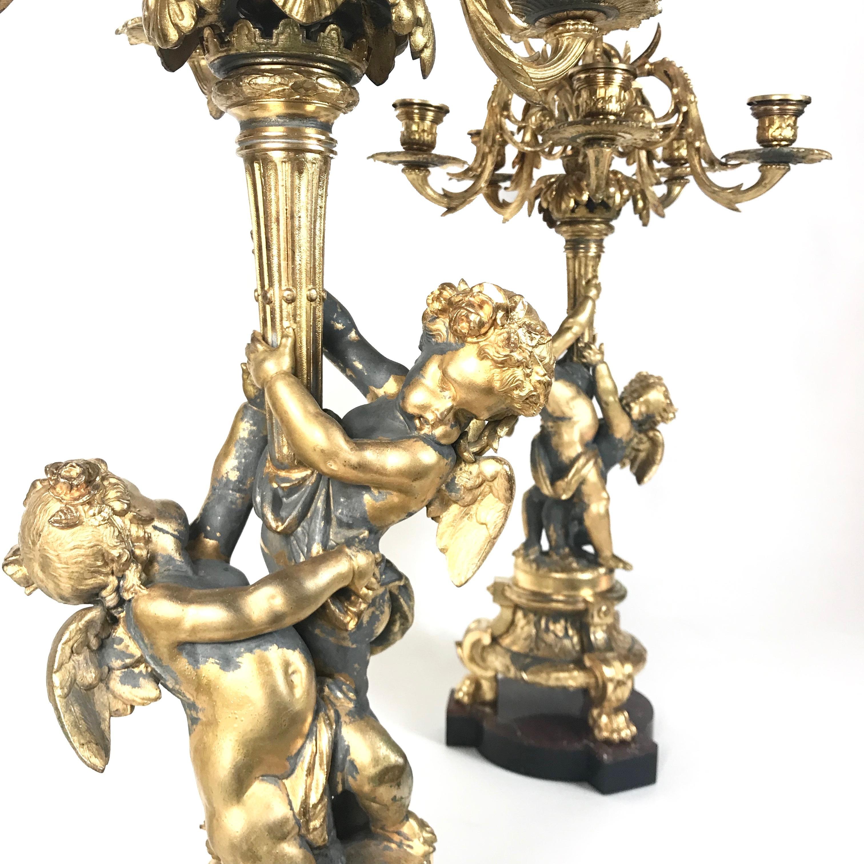French Pair Huge 19th Century Philippe Mourey Ormolu Putti Candelabras, 1870s, France For Sale