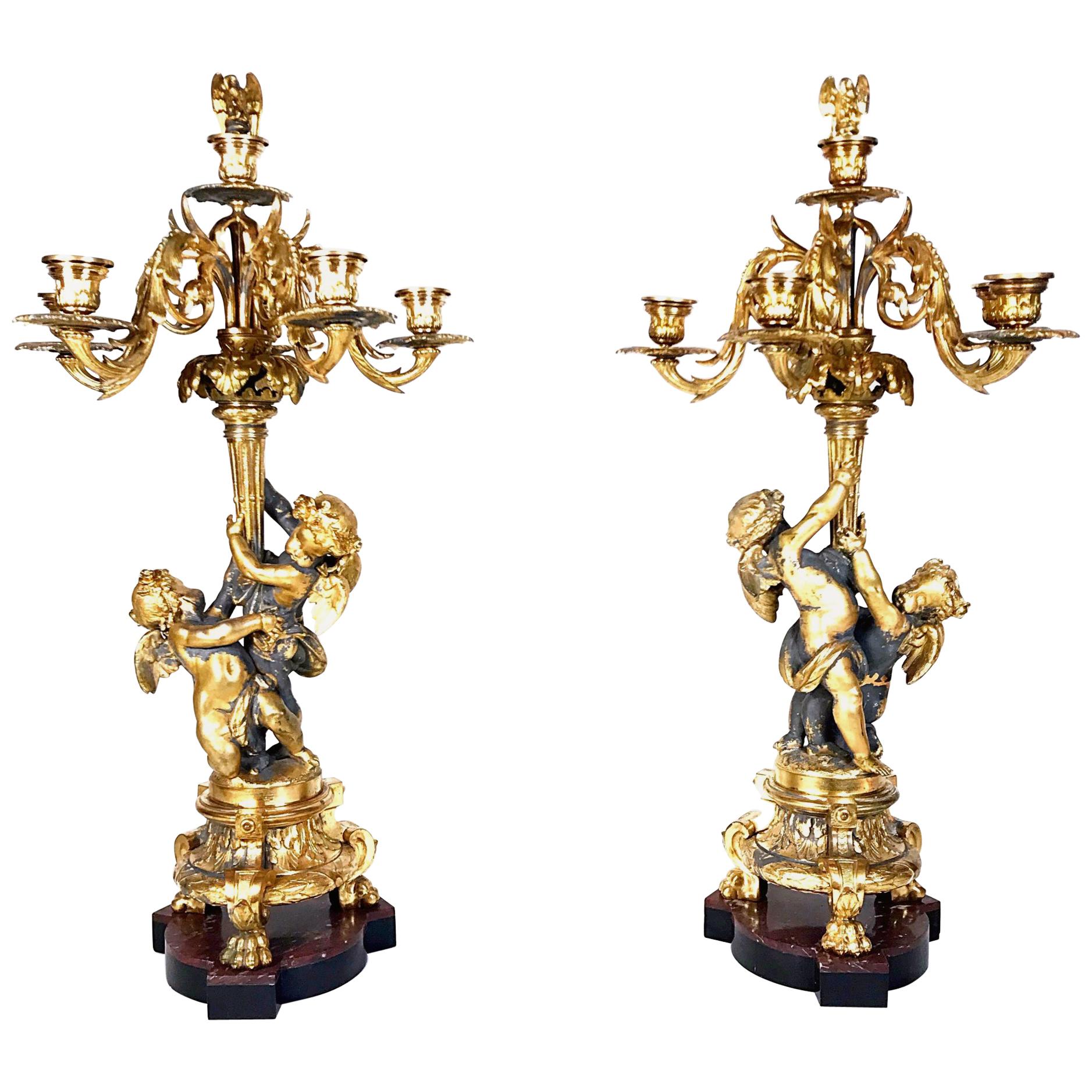 Pair Huge 19th Century Philippe Mourey Ormolu Putti Candelabras, 1870s, France For Sale