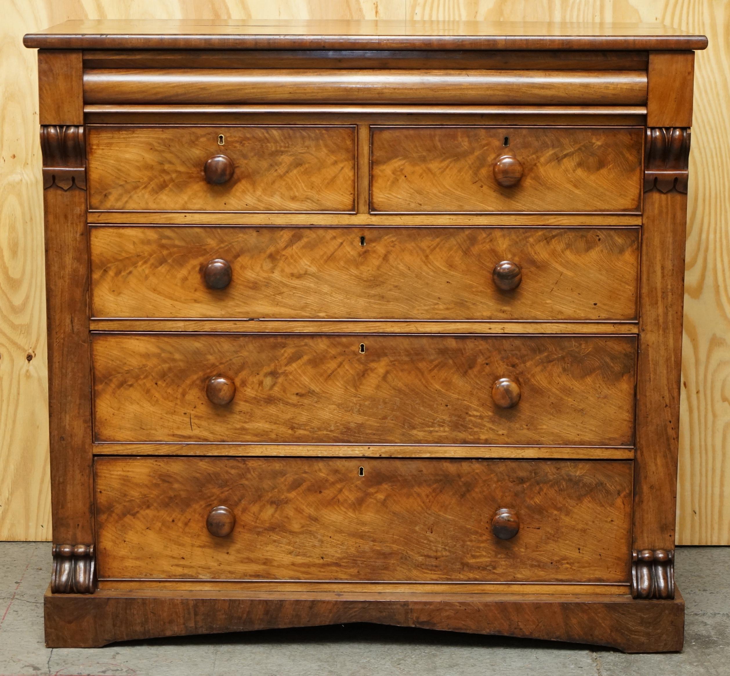We are delighted to this stunning large 19th century light flamed mahogany chest of drawers with hidden top drawer

A very good looking and functional piece of collectable furniture. These drawers are around 40% larger than standard pieces, they