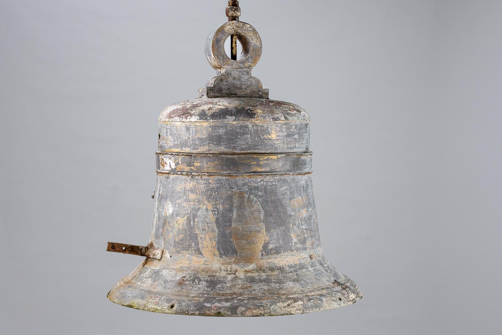 19th century zinc bell trade sign, Simply huge scale, remnant original gilding, dry weathered untouched surface. As expected wear and patina. Most likely a tavern sign. France 1890.
Dimensions: 97cm x 122cm x 97cm.
  