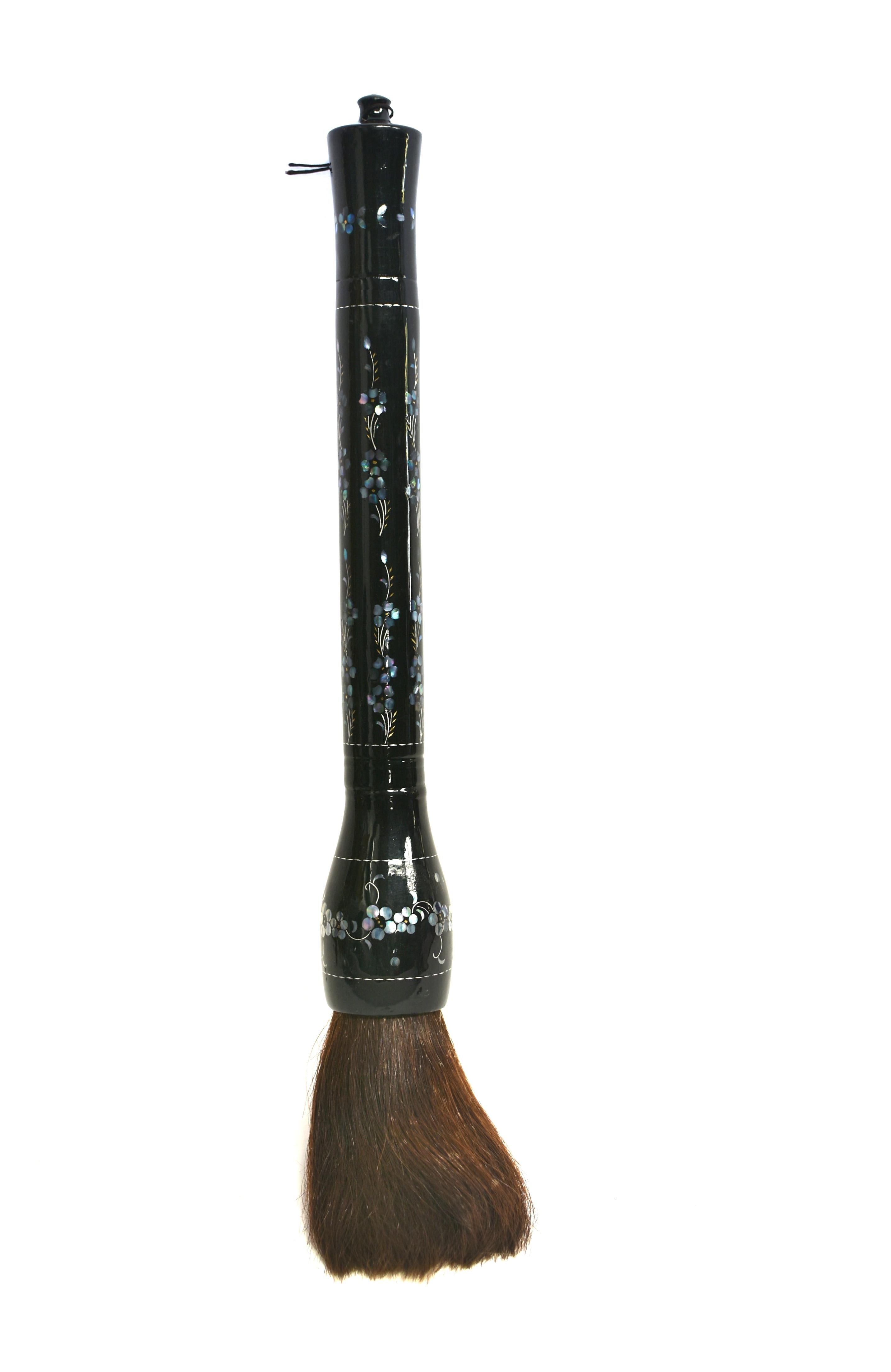 Huge Calligraphy Brush Black Lacquered Mother of Pearl Cherry Blossoms In Good Condition For Sale In Somis, CA