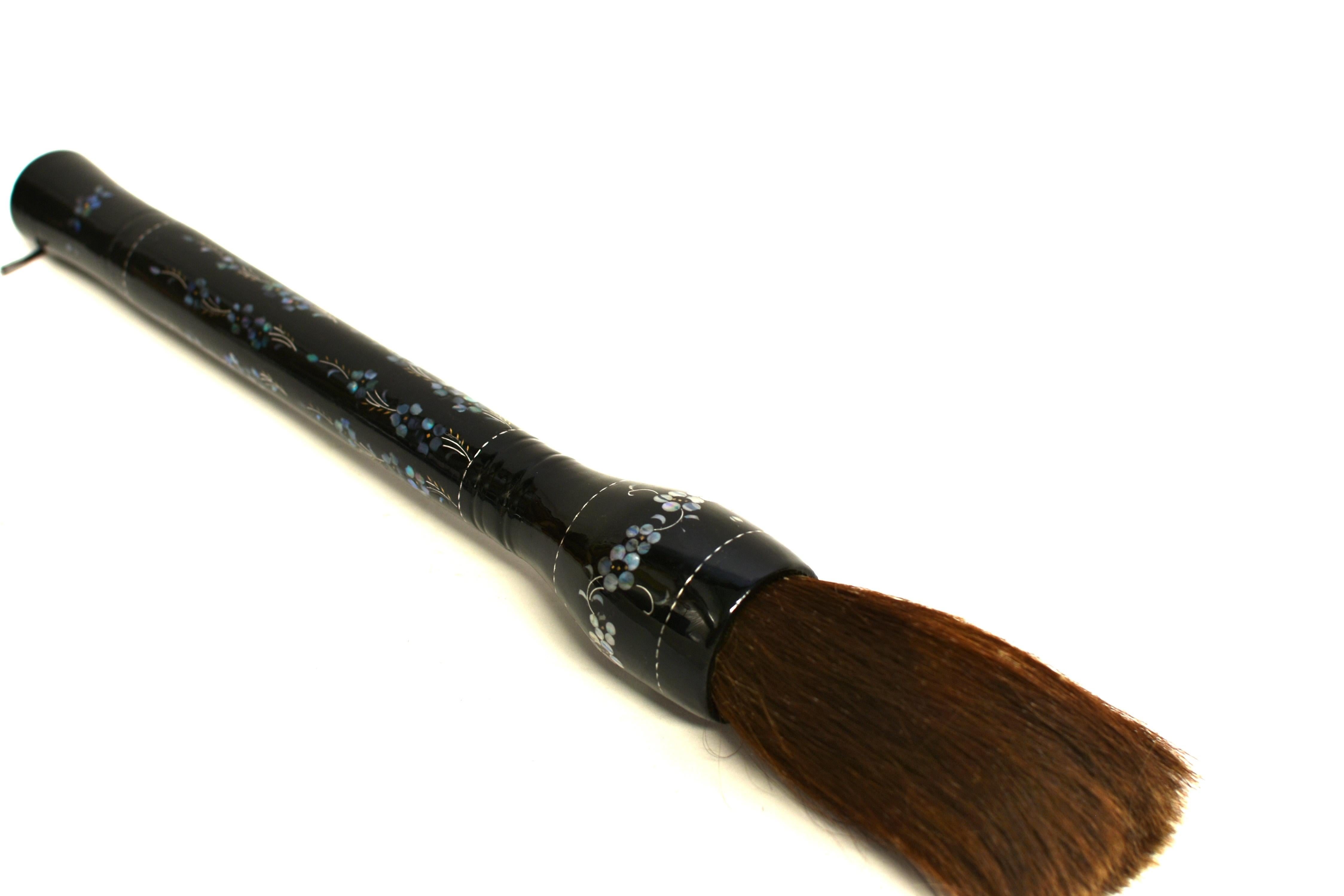 20th Century Huge Calligraphy Brush Black Lacquered Mother of Pearl Cherry Blossoms For Sale