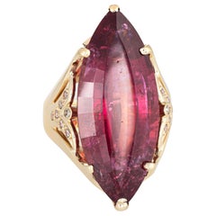 Huge 20 Carat Pink Tourmaline Diamond Ring Vintage 14 Karat Gold Marquise Estate