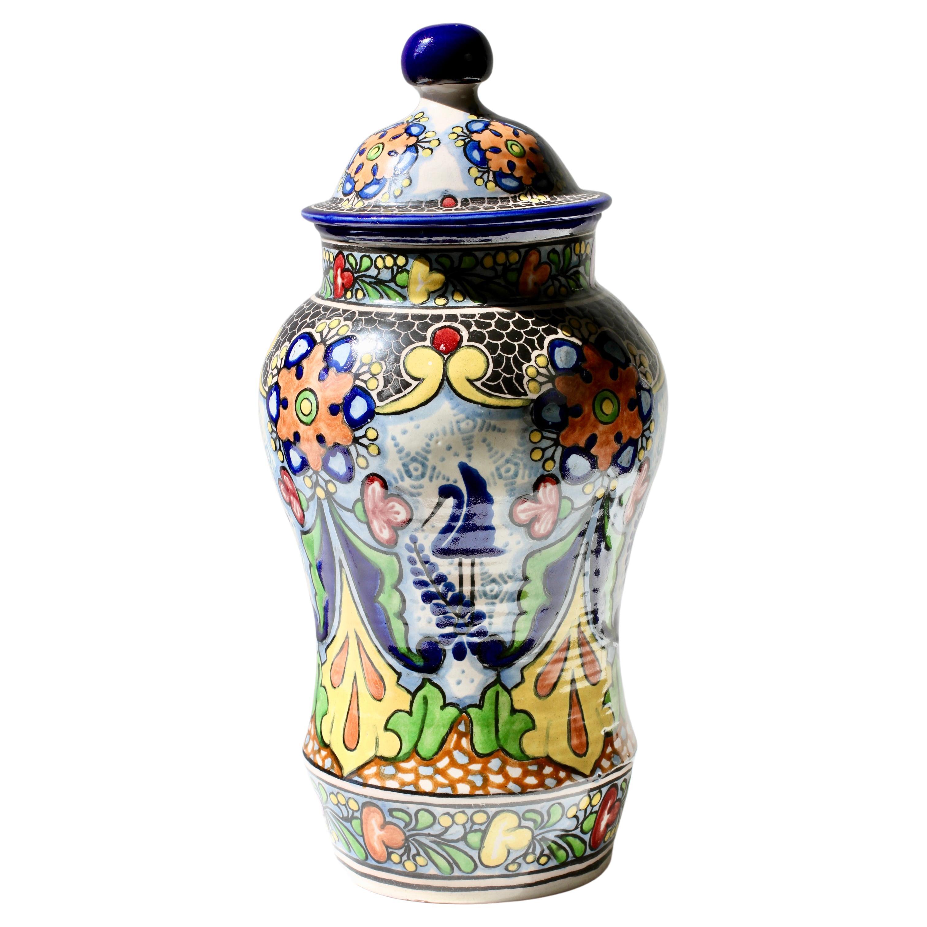 Huge 20" Colourful Art Deco Italian Faience Lidded Vase or Vessel Italy c. 1920s