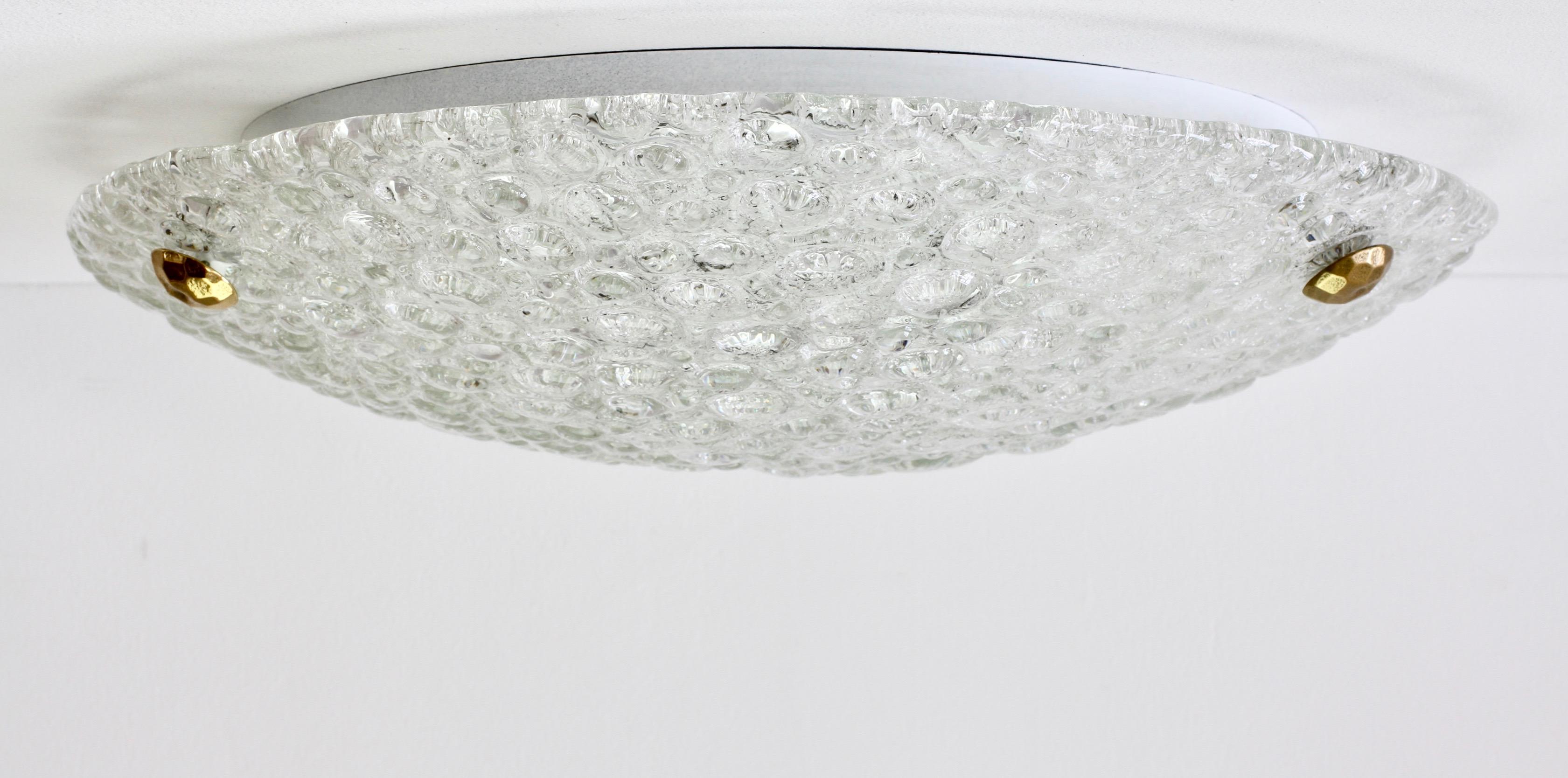 Mid-Century Modern Large Textured Bubble Glass and Brass Flush Mount Light by Hillebrand, Germany