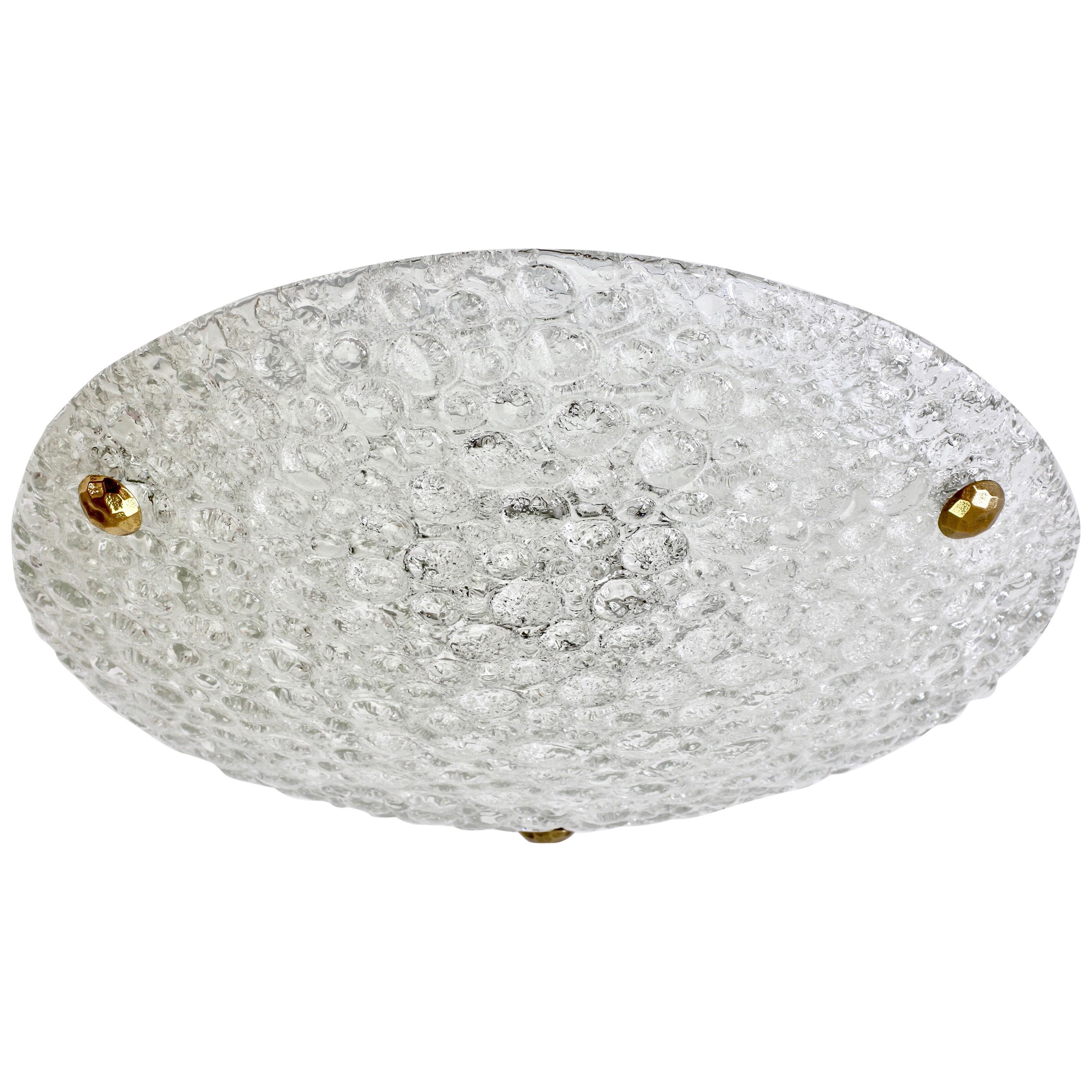 Large Textured Bubble Glass and Brass Flush Mount Light by Hillebrand, Germany
