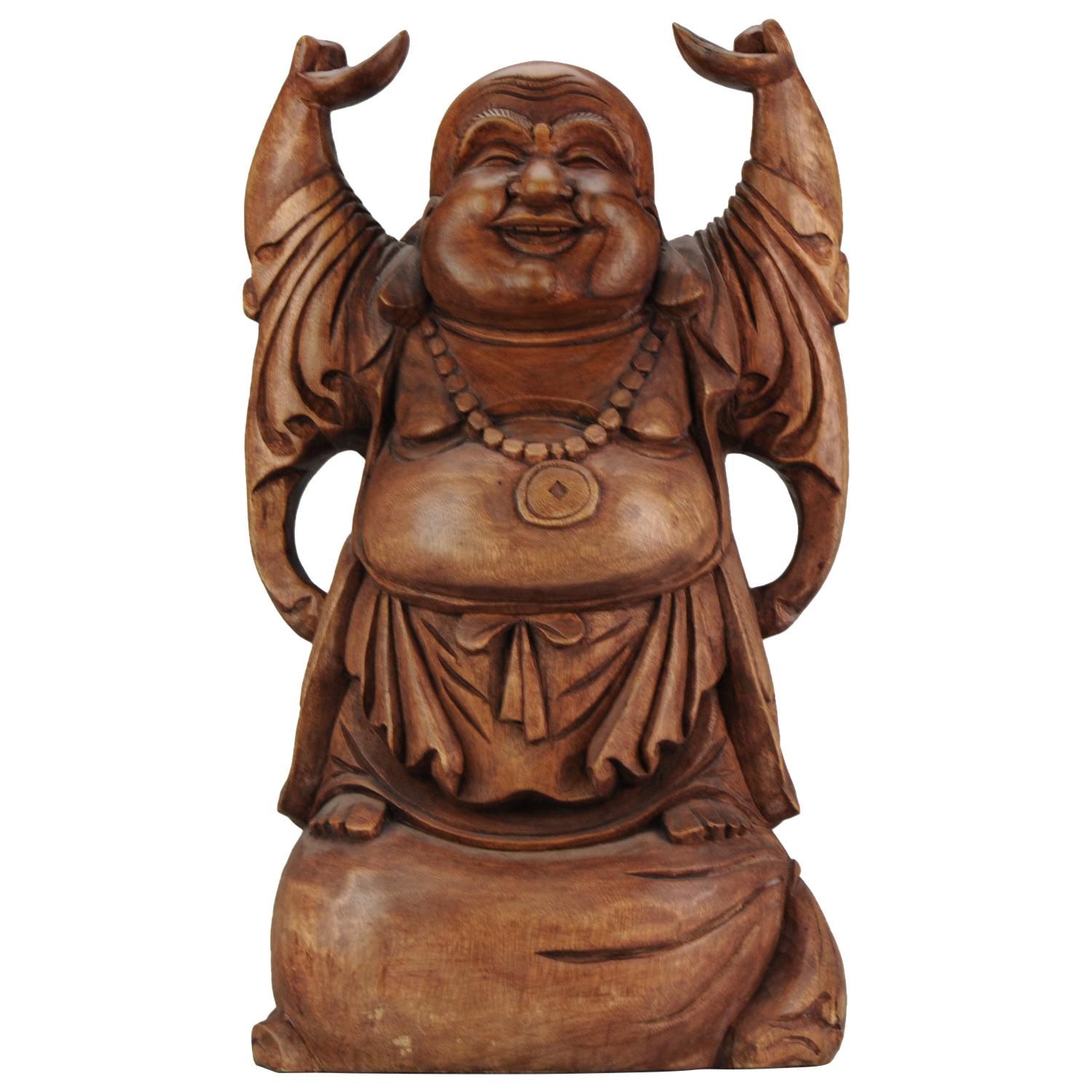 Grande statue chinoise en bois sculpté du 20e siècle représentant un Bouddha riant, superbe sculpture