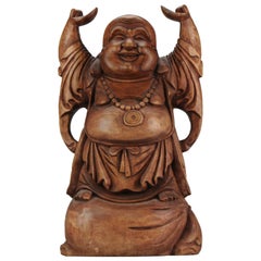 Vintage Huge 20C Chinese Carved Wood Statue of a Laughing Buddha Great Carving