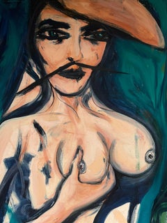 Abstract Nude Lady with Dali Style Moustache Very Large French Oil Painting