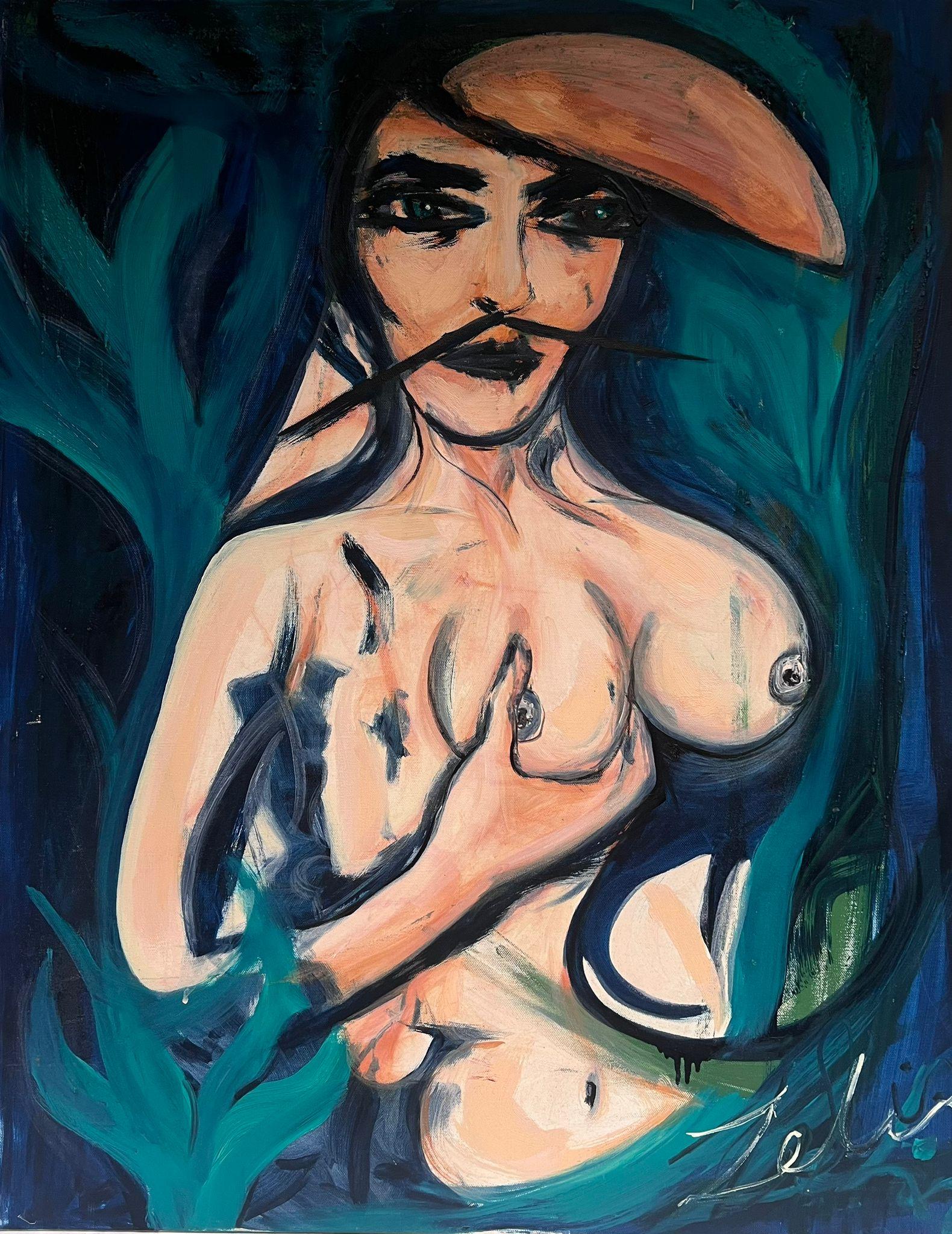 Très grande peinture à l'huile française abstraite représentant une femme nue avec une moustache de style Dali