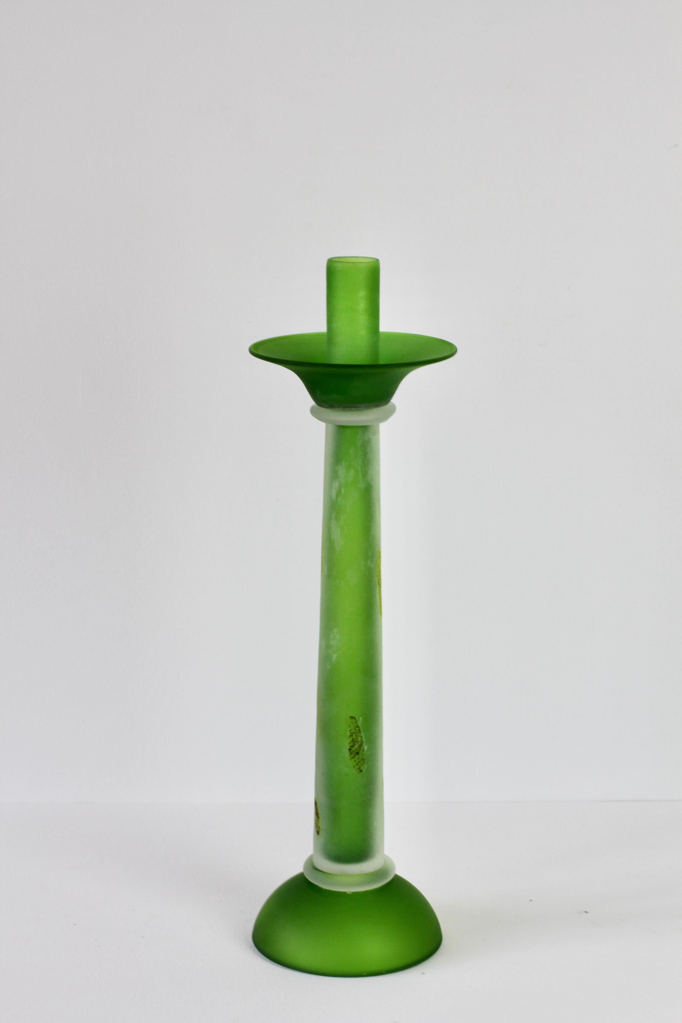 Monumental, tall and huge green colored (coloured) vintage Italian Murano glass candlestick holder by Cenedese. Beautiful craftsmanship and stunning bright green color with a clear glass details which appears to either have the 'scavo' finish or has