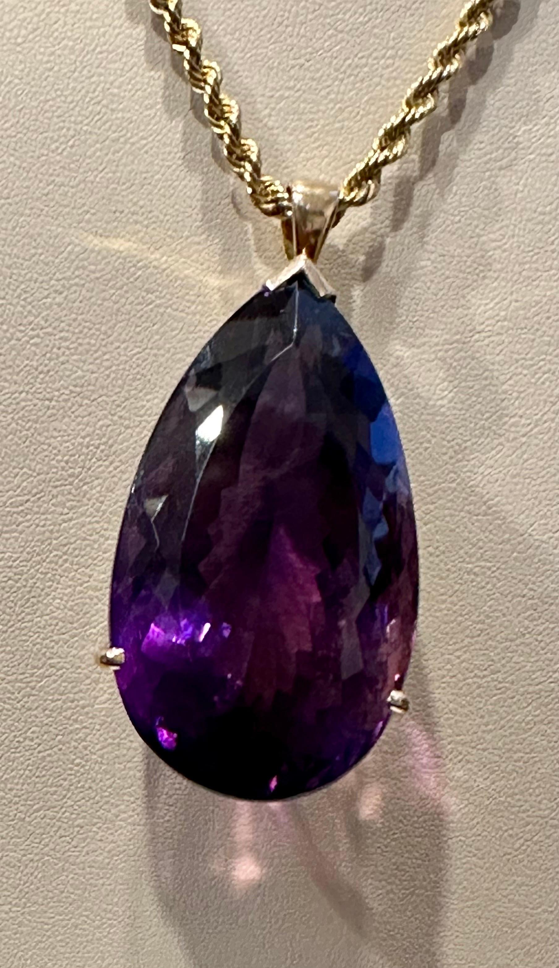 Pear Cut Huge 233 Carat Pear Shape Amethyst Pendant Necklace 14 Kt Yellow Gold 