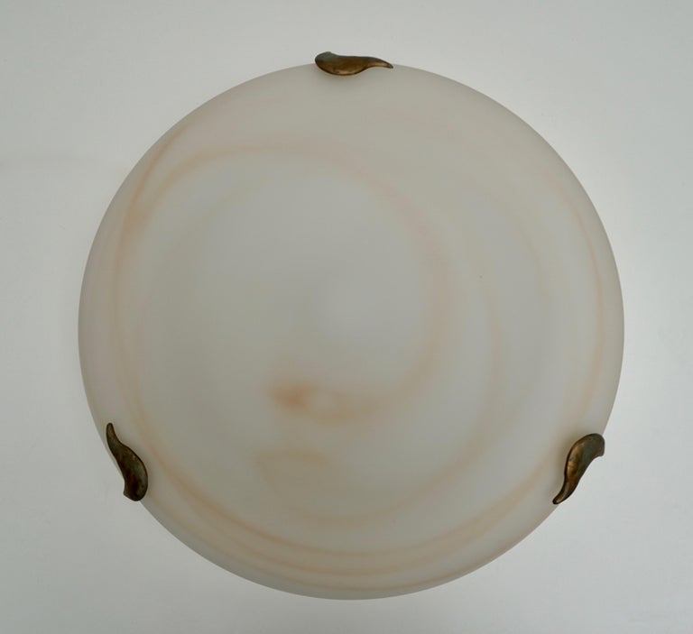 Stunning, extra large (65cm / 24.40inch) Mid-Century Modern glass flush mount light fixture, circa 1965. This vintage ceiling light features a huge round glass dish, filling a room with a soft, warm and welcoming glow. Newly re-wired and cleaned the