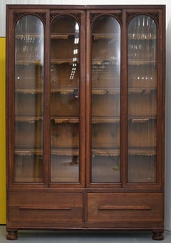 Huge Tall Solid English Oak Victorian Library Sliding Glass Door Bookcase