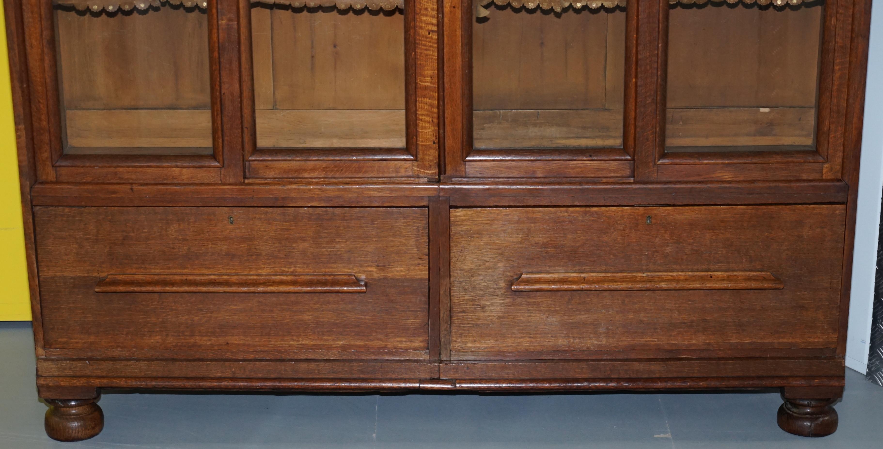 Hand-Crafted Huge Tall Solid English Oak Victorian Library Sliding Glass Door Bookcase