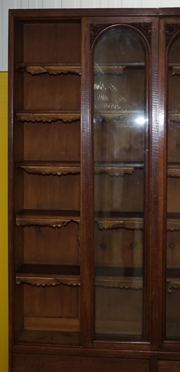 Huge Tall Solid English Oak Victorian Library Sliding Glass Door