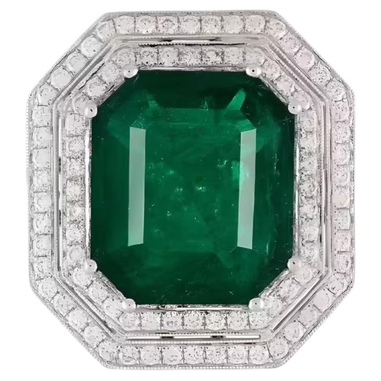 Huge 24.15ct Natural Green Emerald & Diamonds Engagement Ring 18K White Gold GIA For Sale