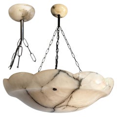 Huge 27" Ø Timeless Antique Alabaster Pendant Chandelier with Alabaster Canopy