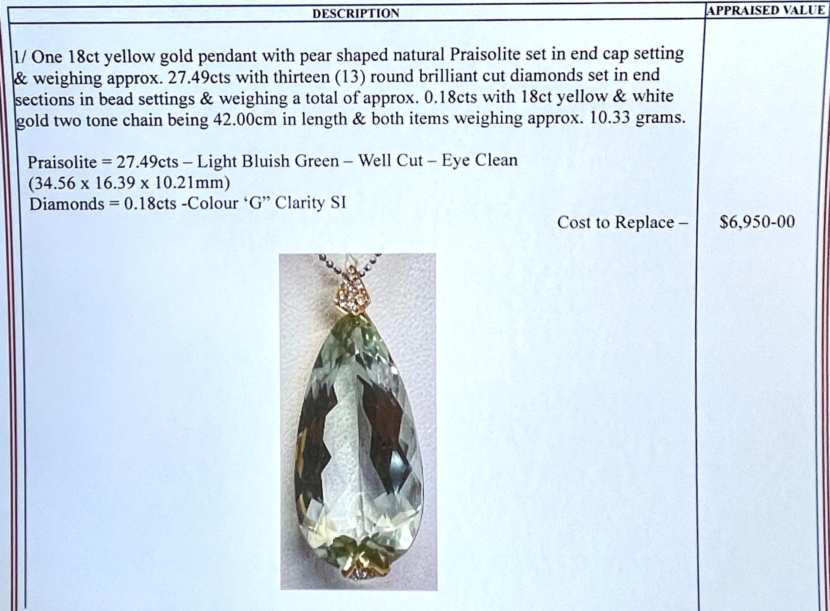 Women's Huge 27ct Carat Natural Prasiolite Amethsyt Genuine Diamond Pendant Valuation