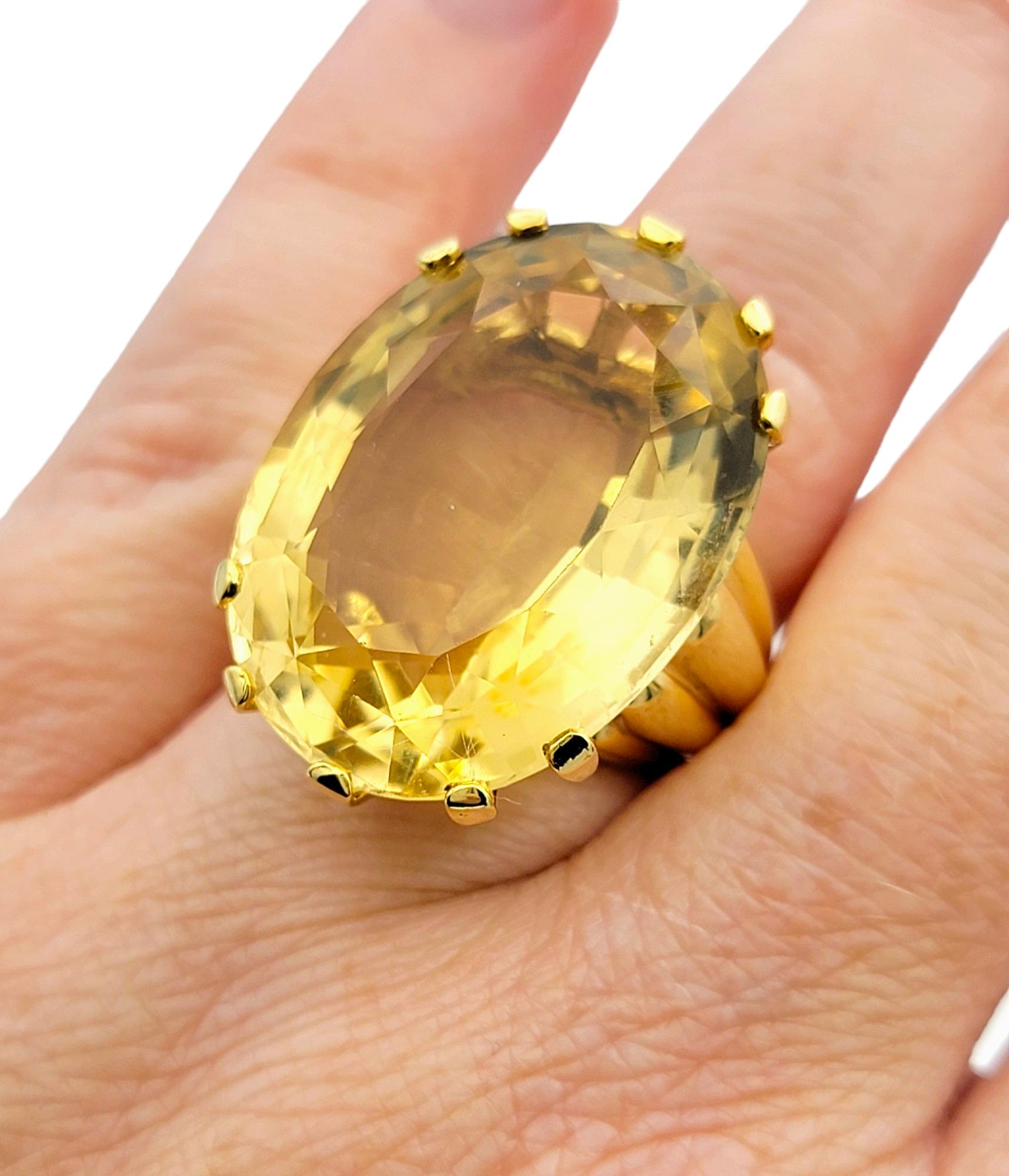 Huge 29.25 Carat Oval Citrine Solitaire Cocktail Ring in 14 Karat Yellow Gold For Sale 2