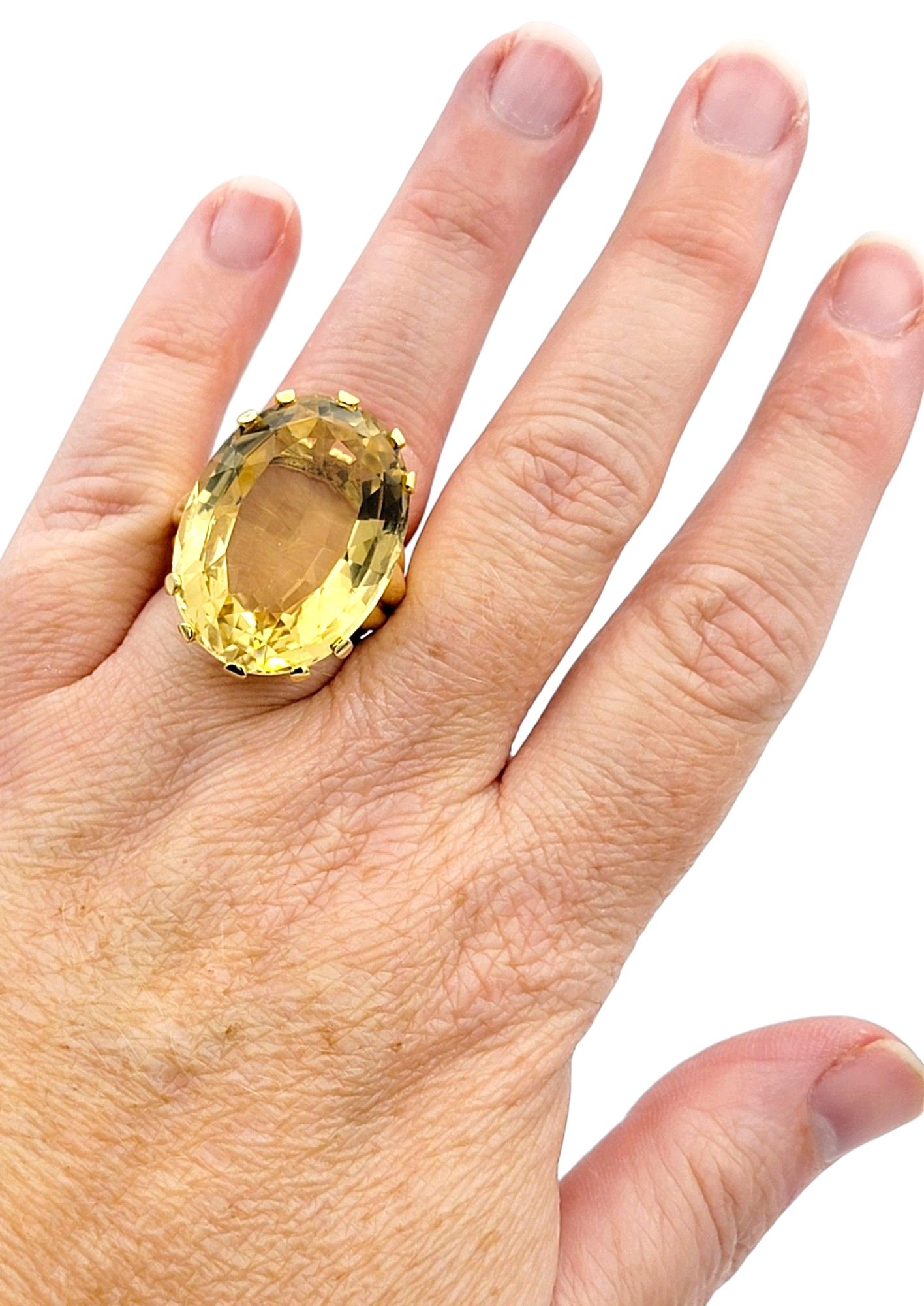 Huge 29.25 Carat Oval Citrine Solitaire Cocktail Ring in 14 Karat Yellow Gold For Sale 3