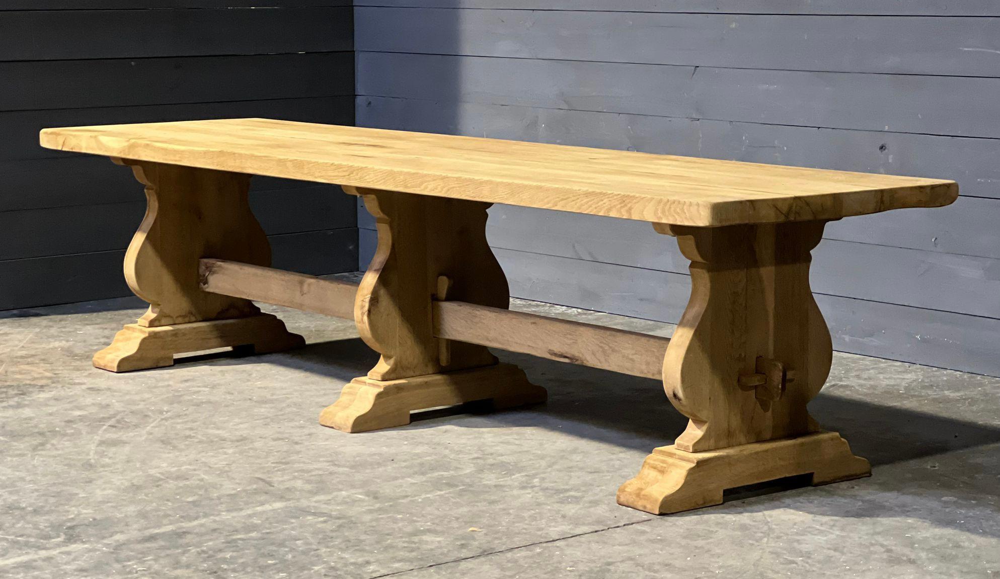 We are very pleased to offer this incredible 3 Meter Solid Oak Farmhouse Dining Table. Very unique 3 support design and of excellent quality construction this table will be around for generations to come. French in origin and dating to the early