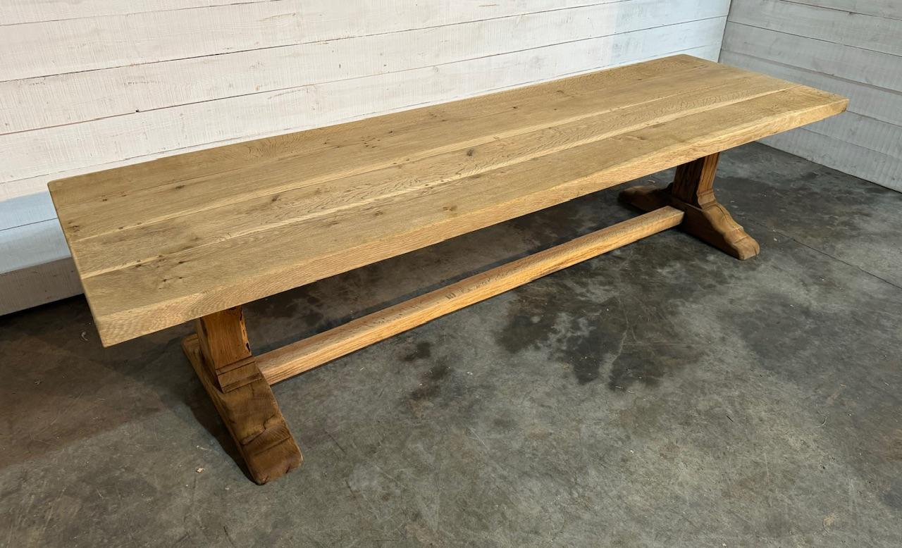 A fabulous quality Huge 3 Meter Oak Farmhouse Dining Table. French in origin and dating to the early 1900s, this table is of excellent quality construction and will be around for generations to come. We have bleached it for a lighter look and to