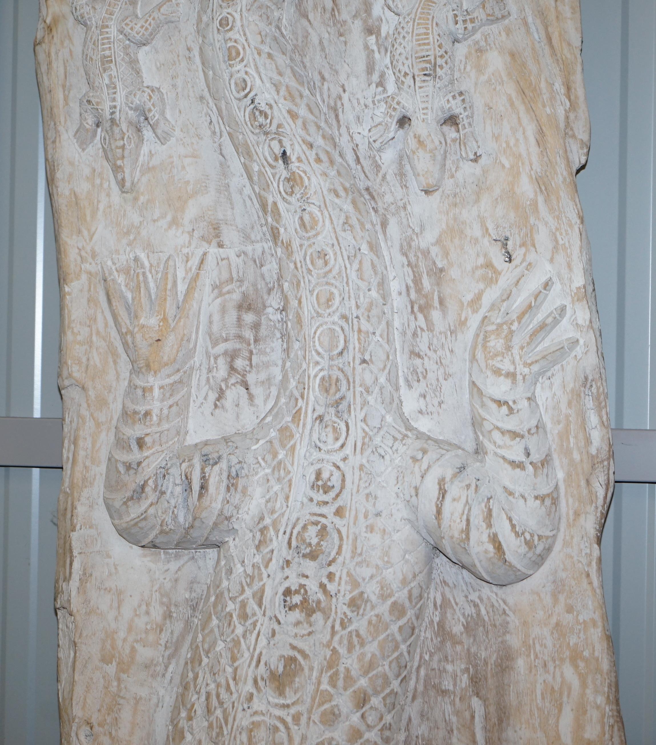 Hand-Crafted Huge Tall Hand Carved Tribal Panel Solid Wood of Crocodiles Lovely Finish