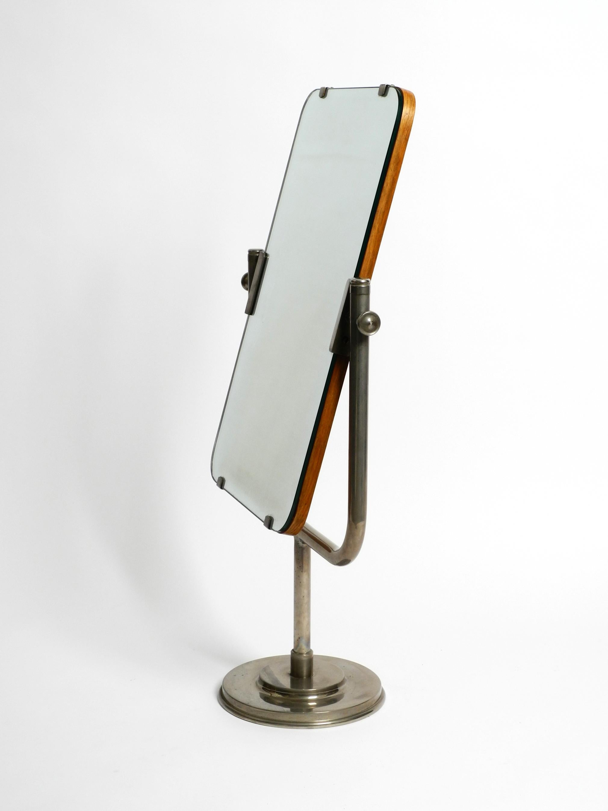 German Huge 30s Table Mirror with Nickel-Plated Metal Frame and Original Mirror Glass