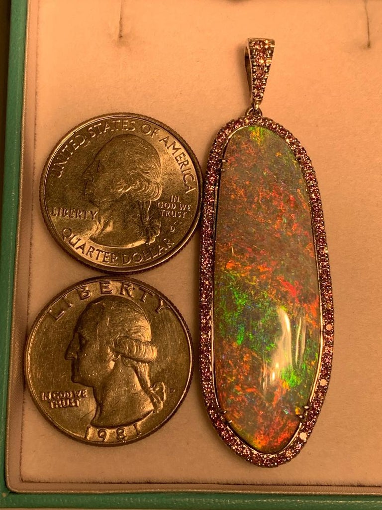 Huge 31 Carat Australian Andamooka Opal Pendant in Platinum with Pink Diamonds at 1stDibs