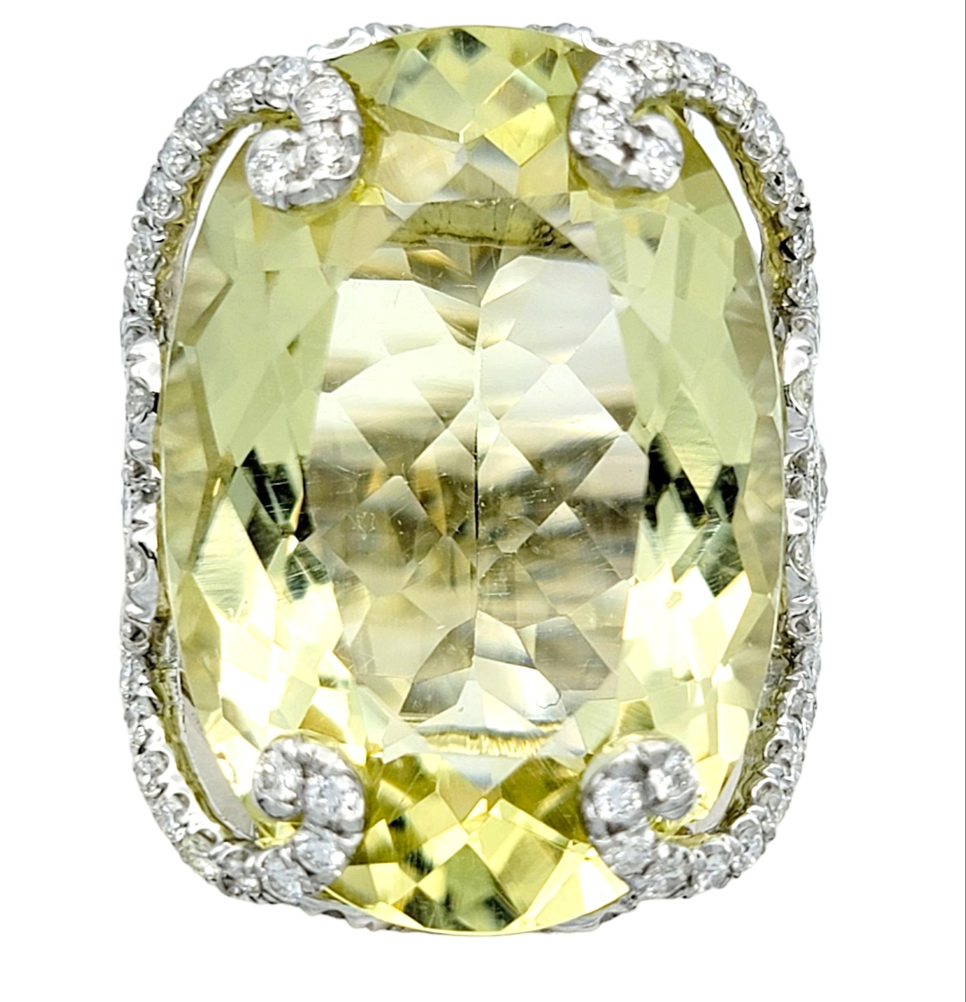 Contemporary Huge 31.0 Carat Oval Cut Prasiolite Cocktail Ring with Diamond Accents 14K Gold For Sale