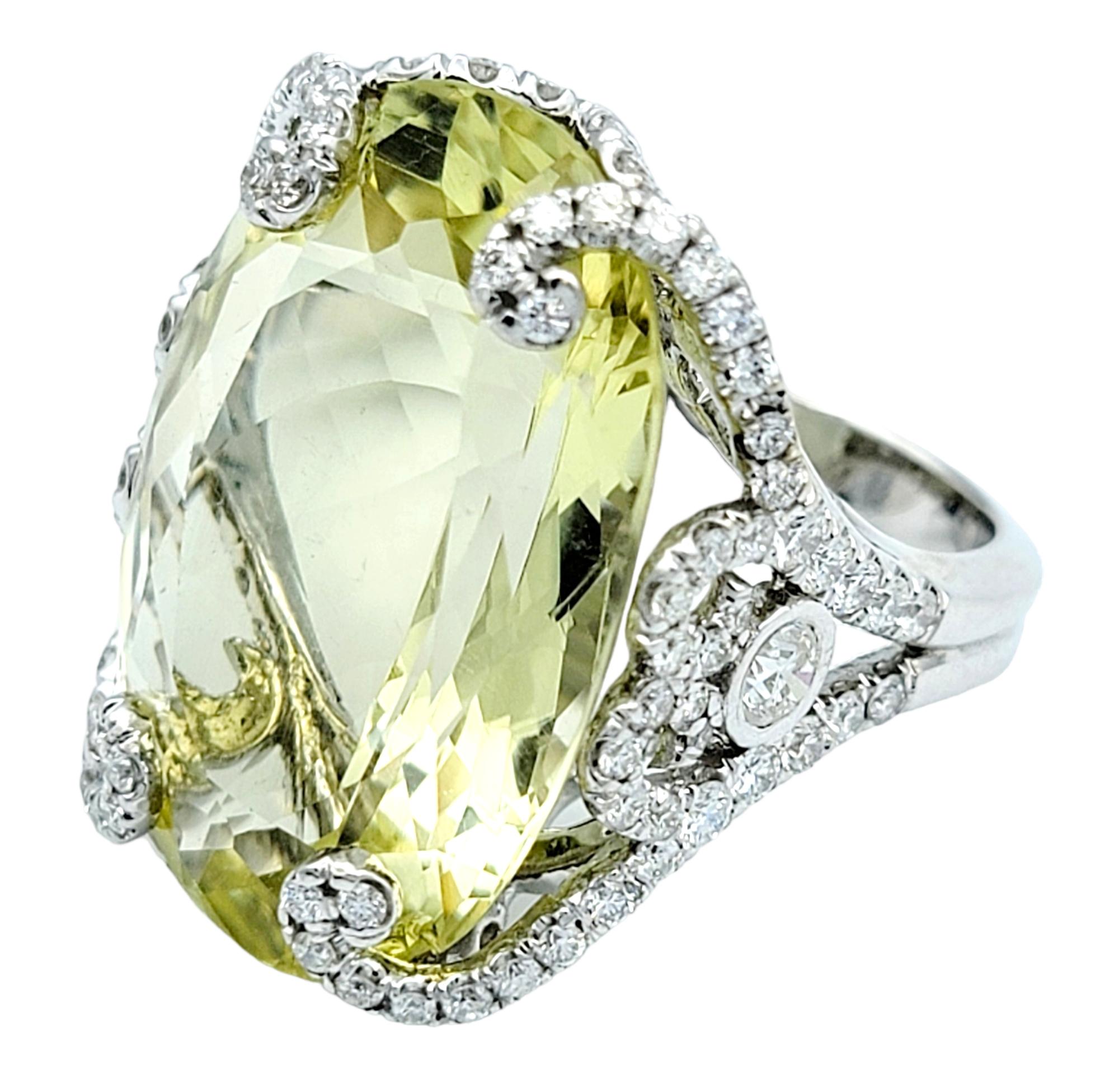 Huge 31.0 Carat Oval Cut Prasiolite Cocktail Ring with Diamond Accents 14K Gold In Good Condition For Sale In Scottsdale, AZ